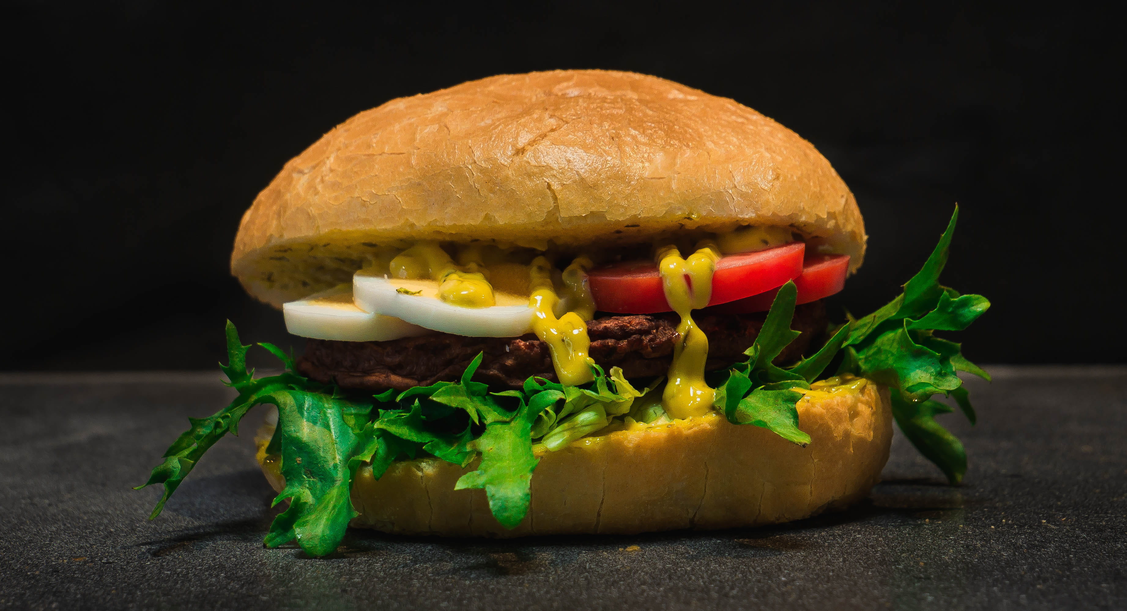 hamburger, no people, bun, creme, hot dog, black background, studio shot, meal, unhealthy eating, cornbread, sesame, seasoning, deli, cream, vegetarian food, HD Wallpaper