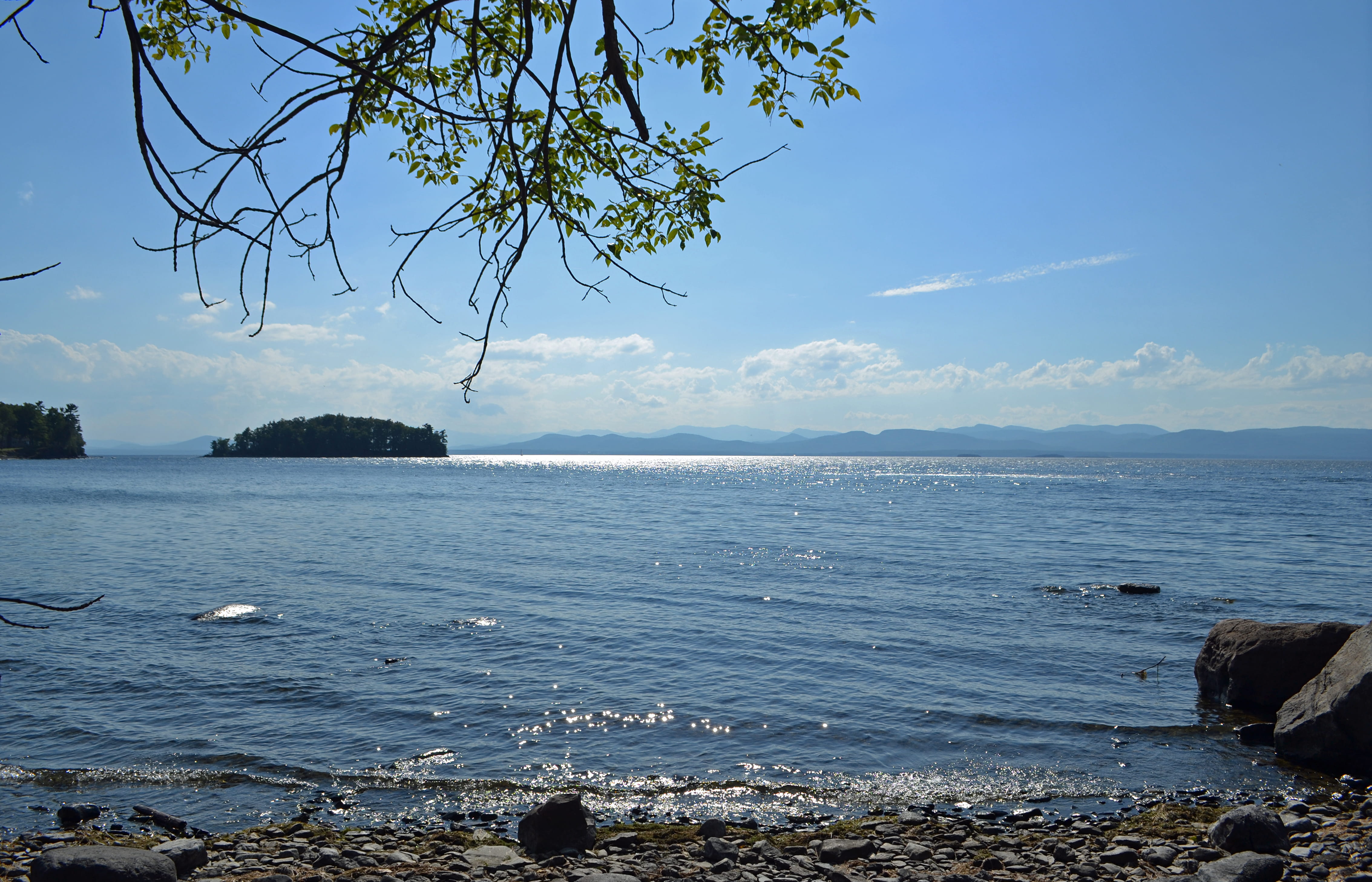 horizon over water, scenics - nature, horizon, tree, tranquility, beauty in nature, lake champlain, solid, rock - object, water, no people, 4K, beach, HD Wallpaper