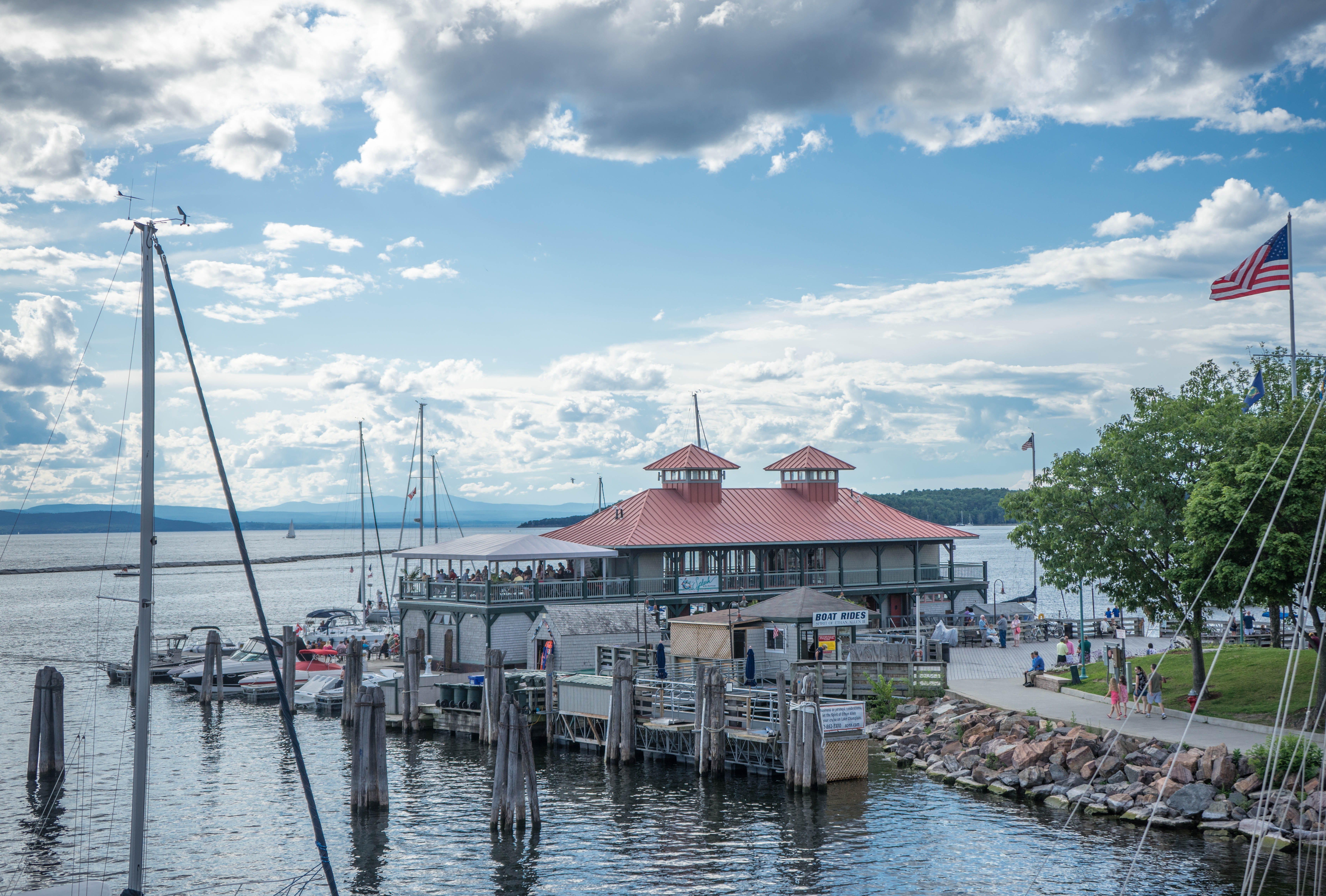 summer, view, sailboat, outdoor, cloud - sky, lake champlain, boat, sea, building exterior, travel, clouds, outdoors, patriotism, sky, scenic, tourism, HD Wallpaper