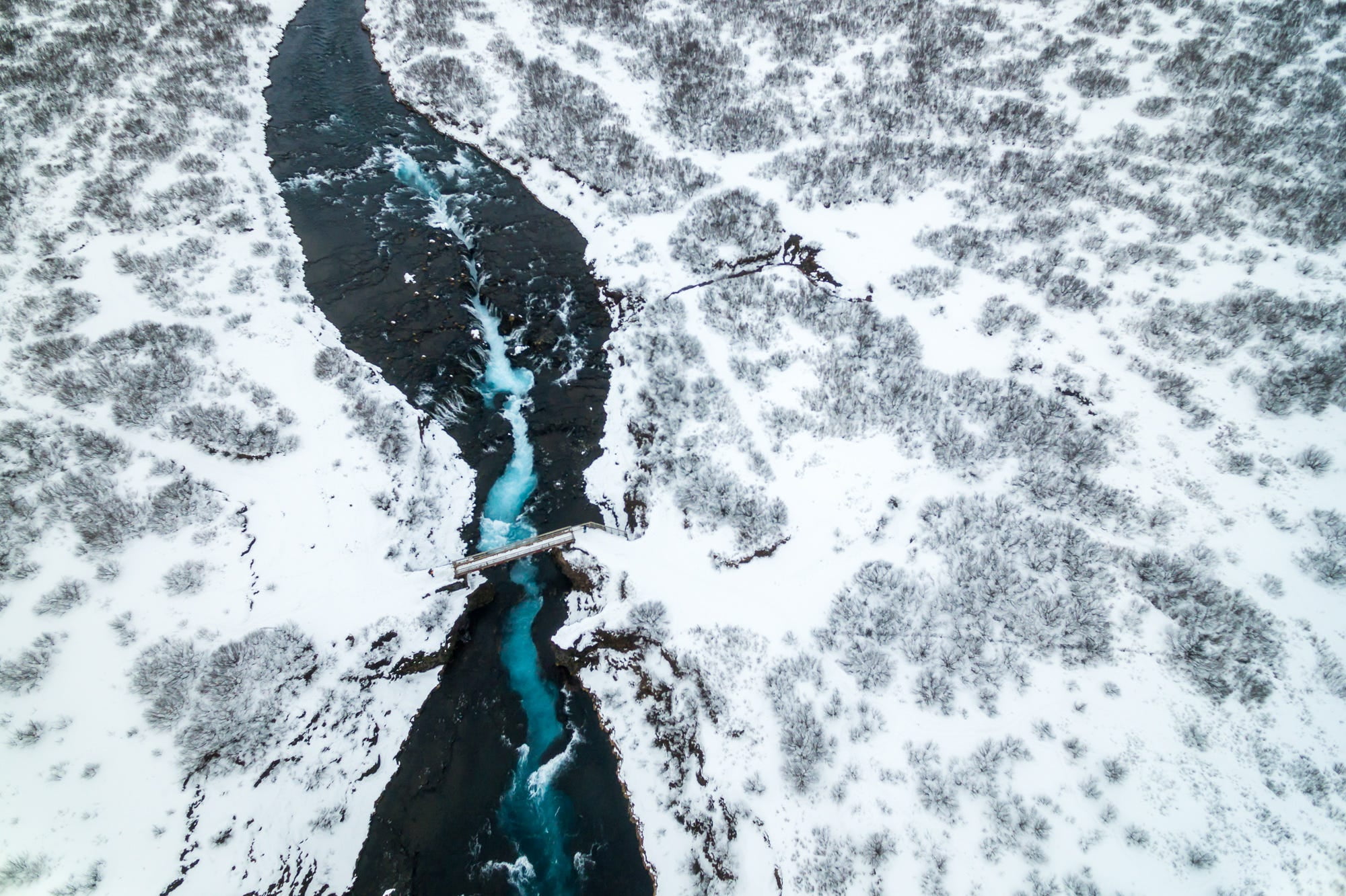 beauty in nature, tranquility, covering, no people, trees, cold temperature, snow, bridge, motion, land, river, flowing water, drone, day, water, aerial view, HD Wallpaper