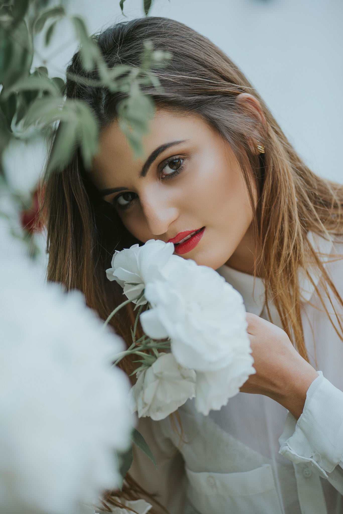 500px, brown eyes, Ombre Hair, closeup, women, model, white shirt, make up, looking at viewer, portrait, Juan Antonio Leon, flowers, makeup, 1080P, Phone HD Wallpaper