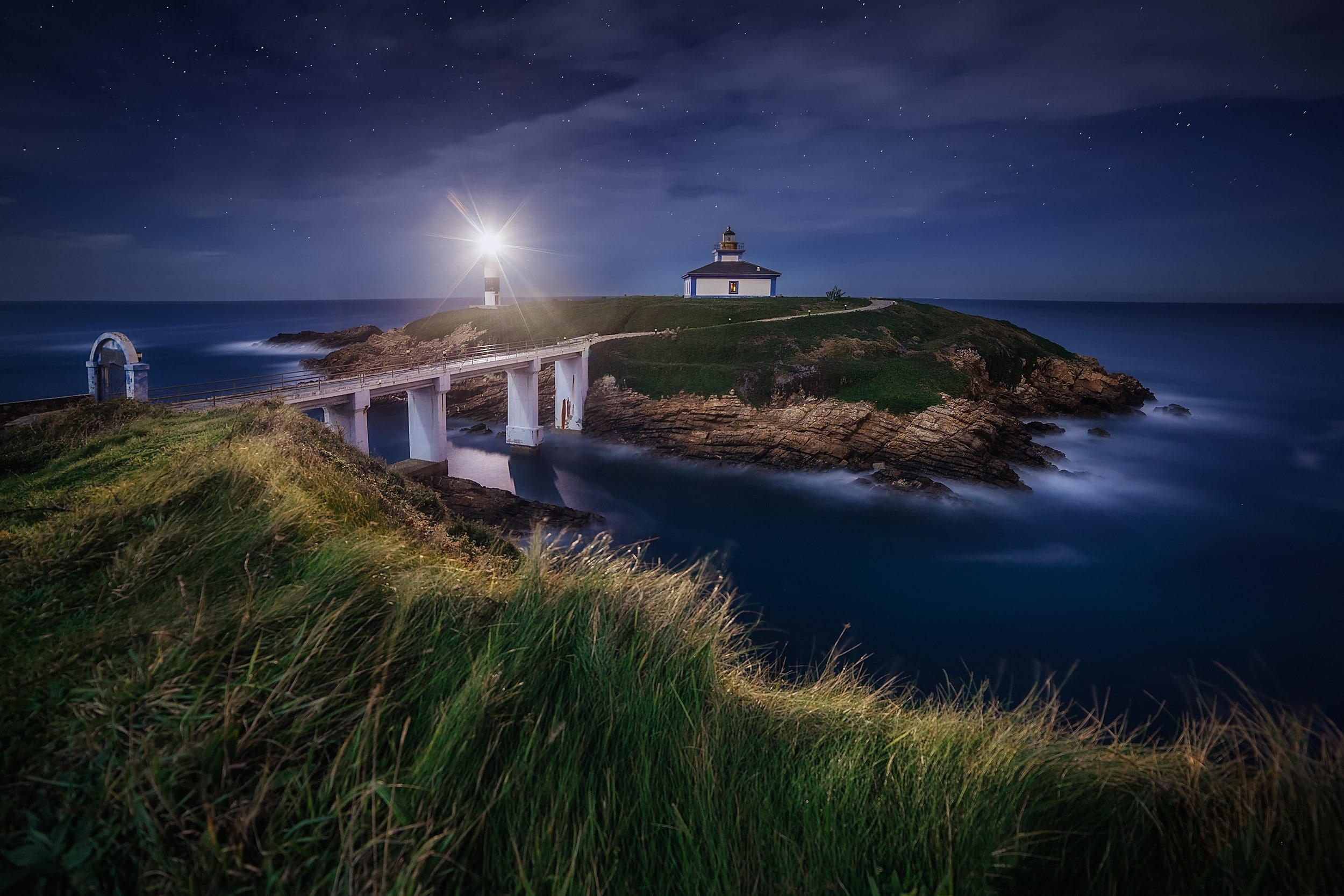 lighthouse, illuminated, night, scenics - nature, sky, Spain, coastline, bridge, nature, horizon over water, no people, sea, island, built structure, building, HD Wallpaper