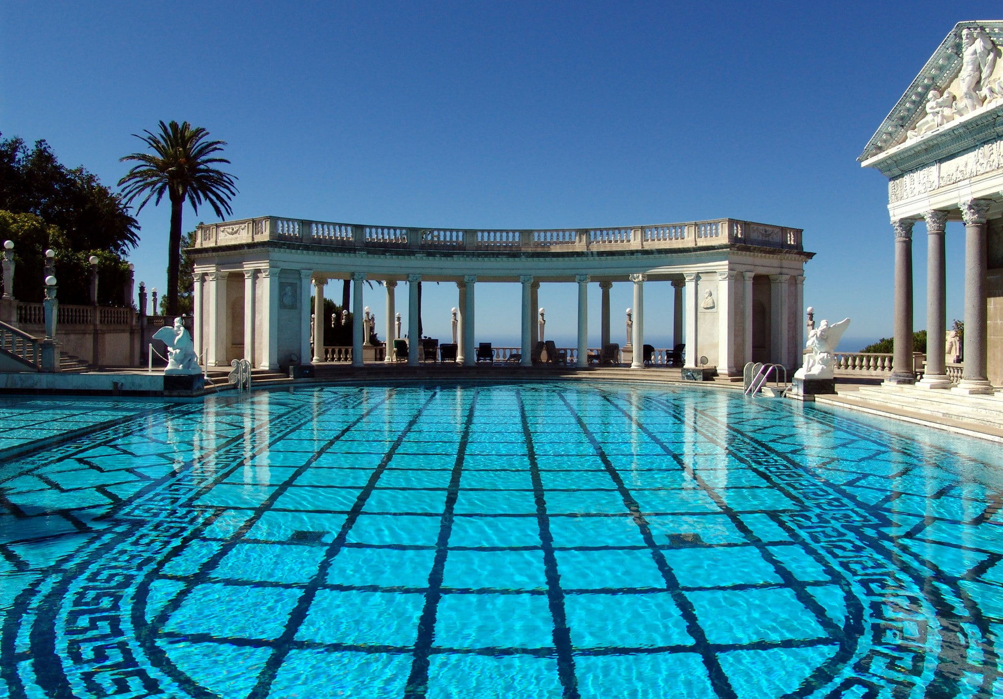 the sky, pool, architecture, 1080P, san, San Simeon, California, Hearst Castle, USA, columns, simeon, swimming, Neptune pool, HD Wallpaper