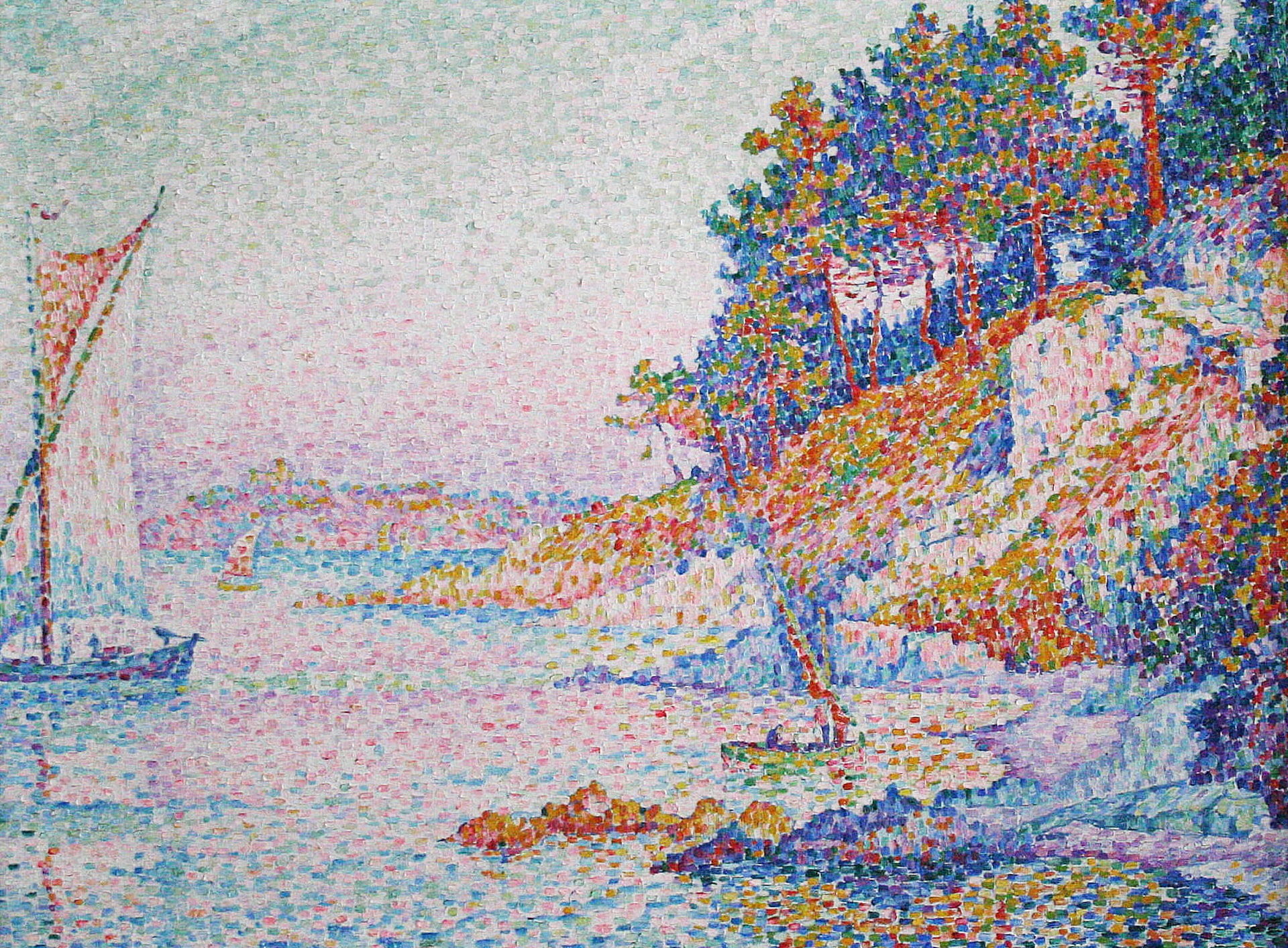 boat, pointillism, Paul Signac, Saint-Tropez. Kalanki, picture, sail, landscape, 1080P, HD Wallpaper