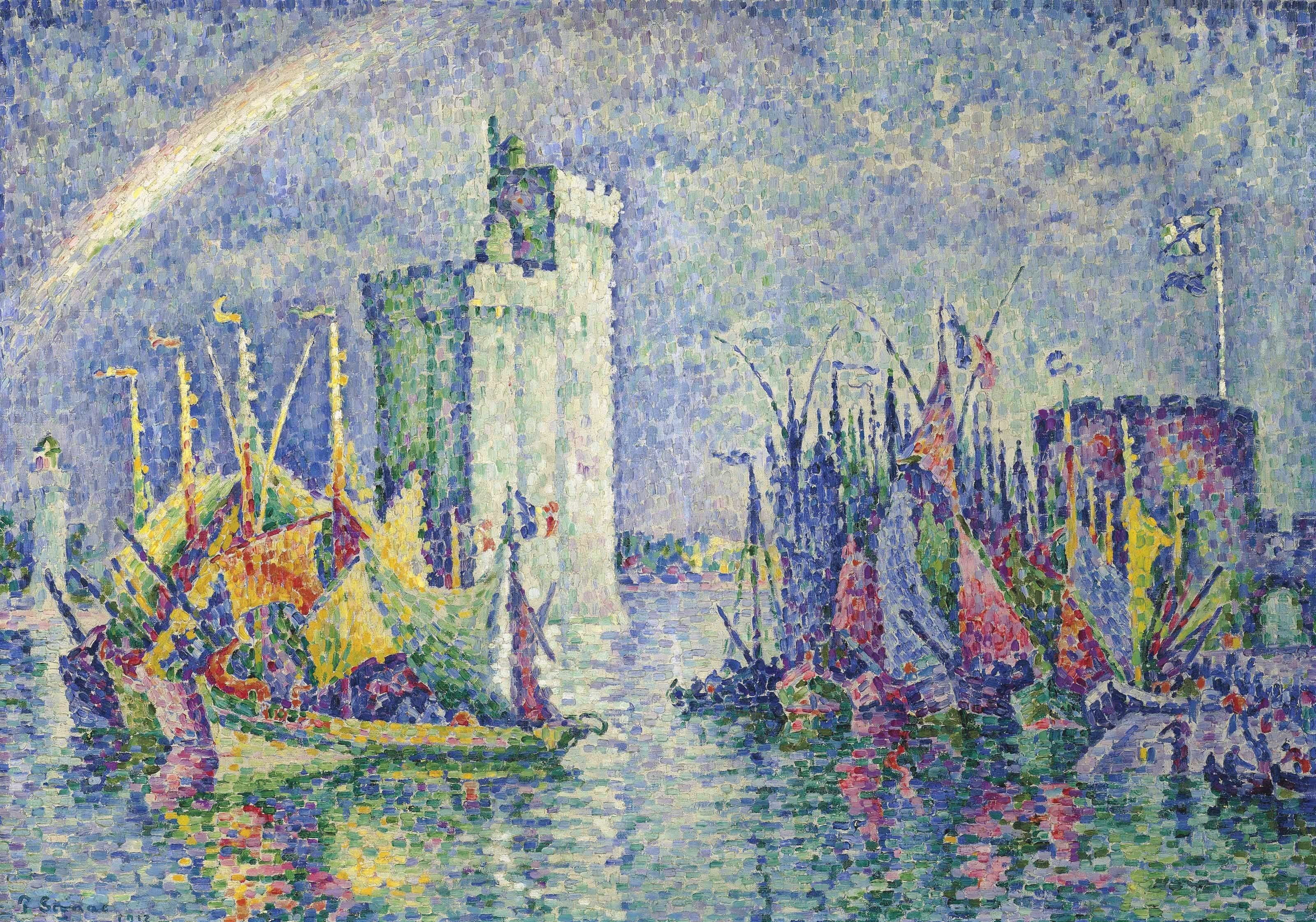 pointillism, picture, sail, rainbow, La Rochelle. Port, ship, Paul Signac, 2K, landscape, HD Wallpaper