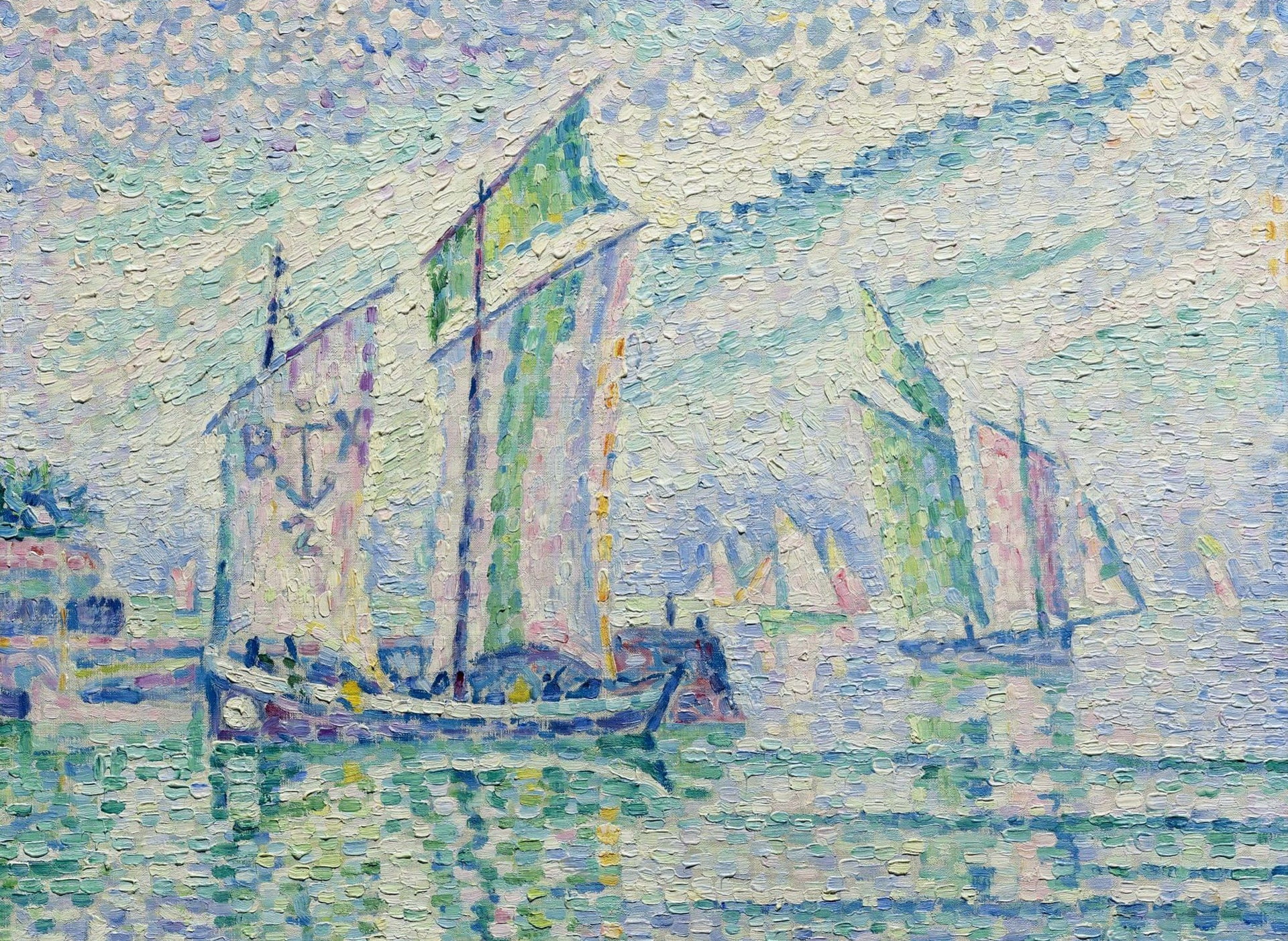 Paul Signac, sail, pointillism, boat, picture, Canal La Rochelle, seascape, 1080P, HD Wallpaper