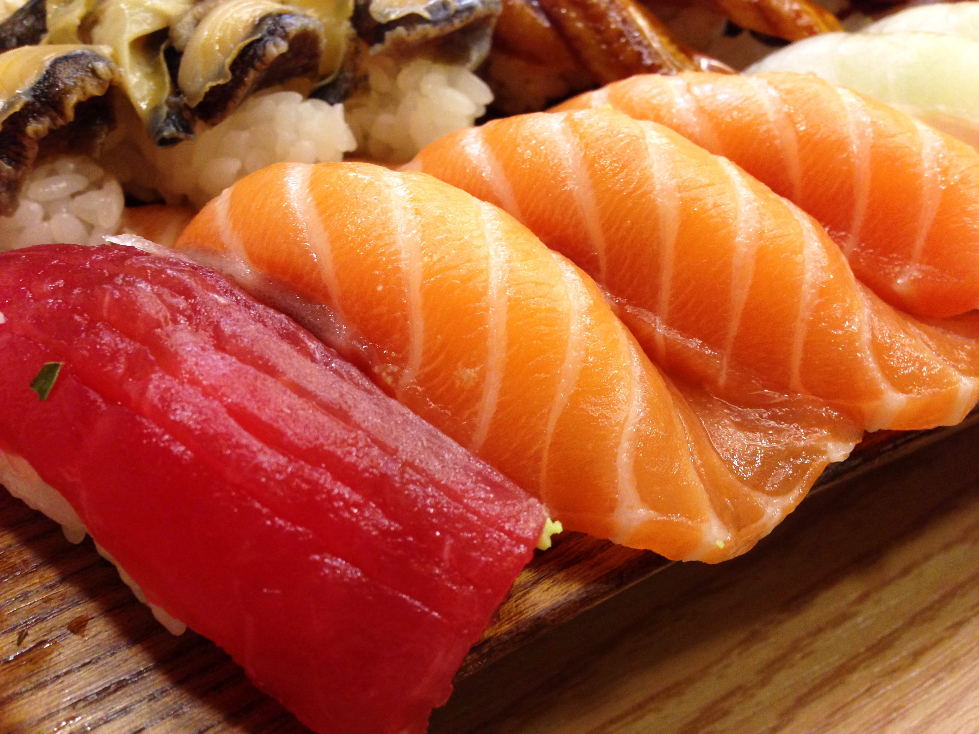 food and drink, serving size, delicious, seafood, freshness, meat, Salmon, asian food, ready-to-eat, 2K, still life, close-up, indoors, Japanese, tuna, HD Wallpaper