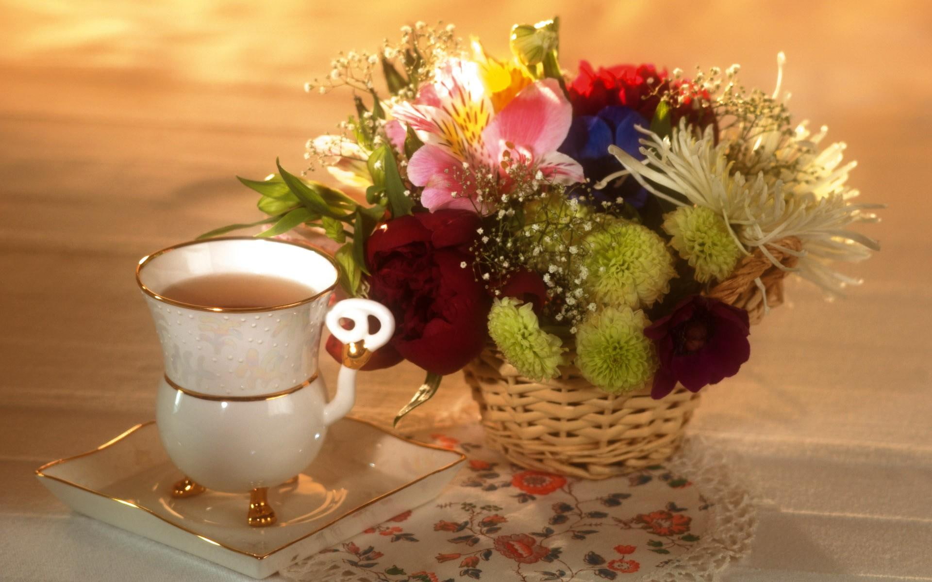 cuptea, white, vase, morning, platter, 3d and abstract, break, teacup, special, love, 1080P, flowers, ceramic, HD Wallpaper