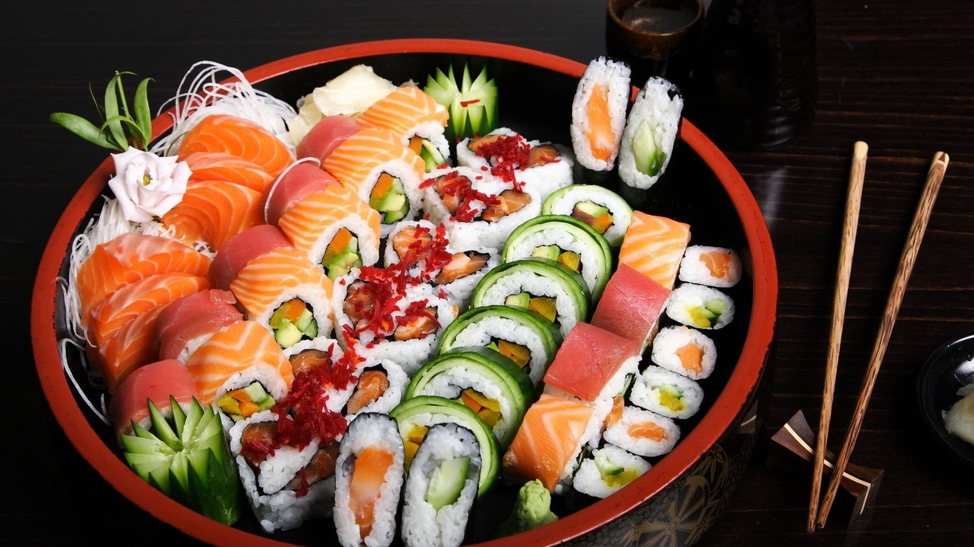 close-up, wasabi Sauce, salmon - seafood, cultures, food, still life, lunch, healthy Eating, japanese Culture, freshness, east Asian Culture, eating, tray, HD Wallpaper