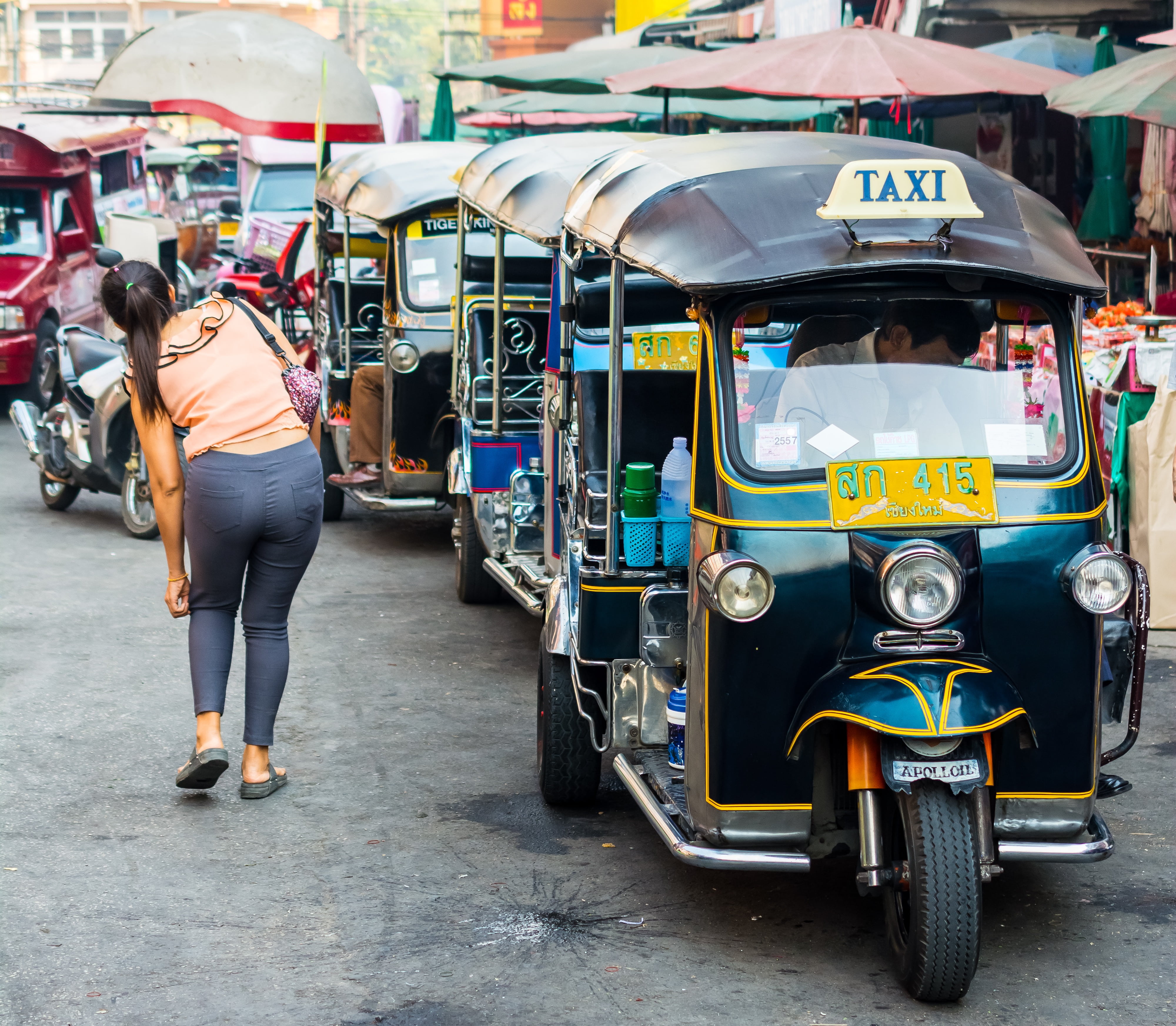 taxi, outdoors, street, rickshaws, 4K, tuk tuk, auto, public transportation, rear view, transportation, walking, adult, line, chiang mai, road, full length, HD Wallpaper