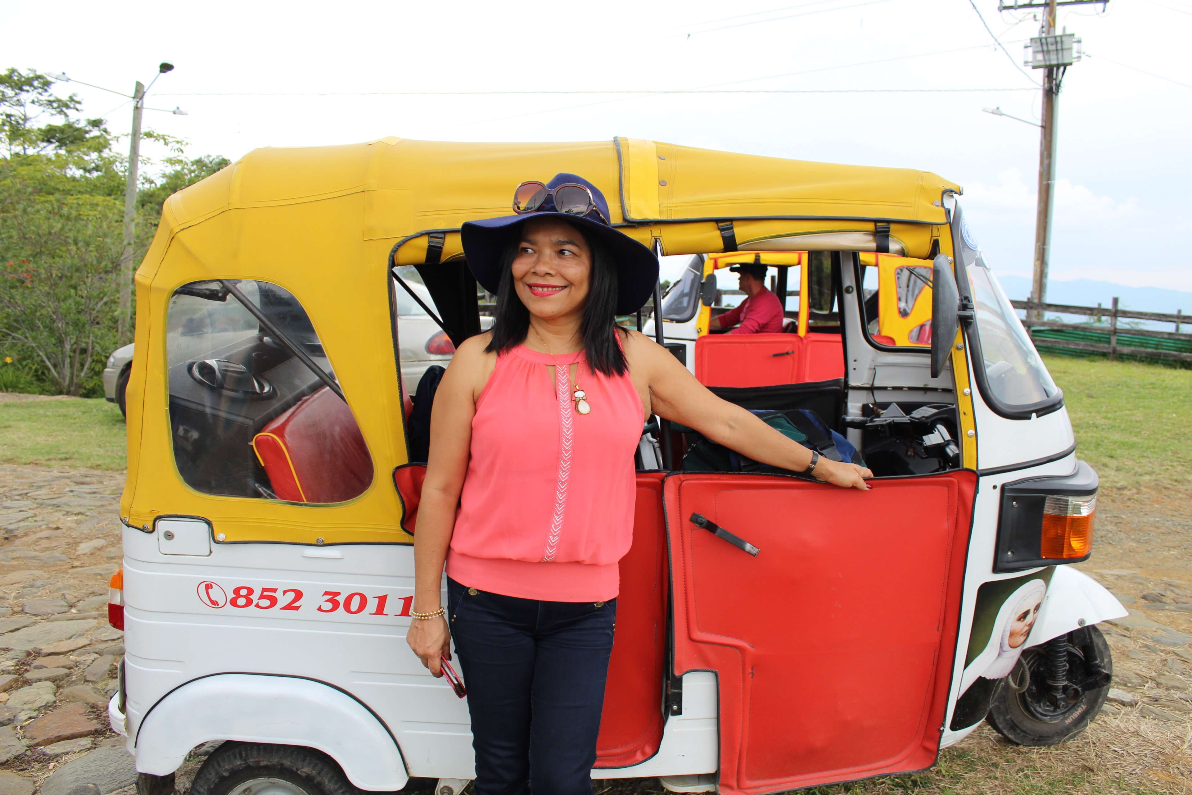 portrait, outdoors, three quarter length, smiling, leisure activity, land vehicle, 4K, casual clothing, front view, yellow, lifestyles, tuk tuk, females, HD Wallpaper