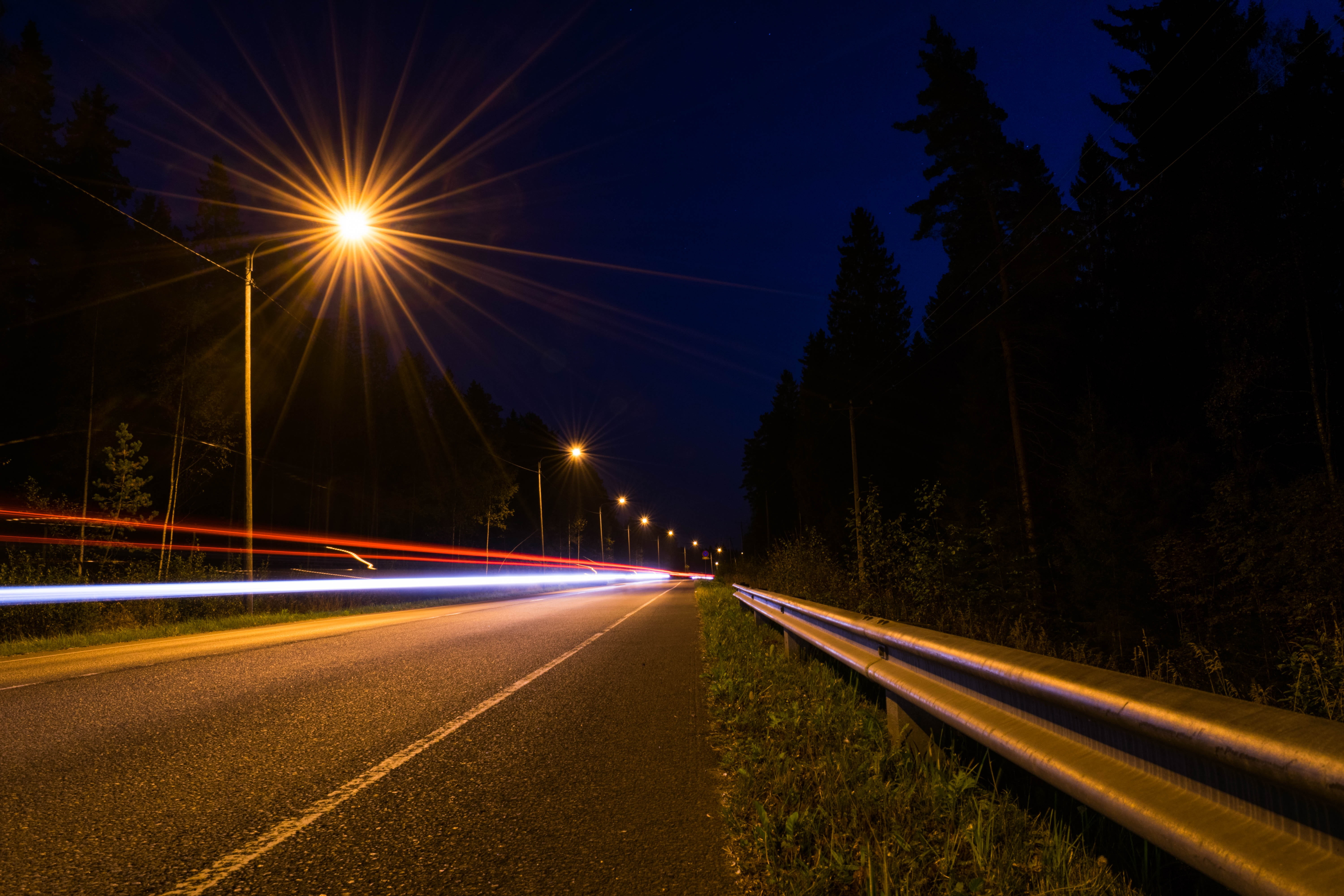 5K, street light, town, way, nature, outdoors, time, travel, traffic, blur, car, nighttime, lapse, automobile, fast, blue, highway, vehicle, illuminated, HD Wallpaper