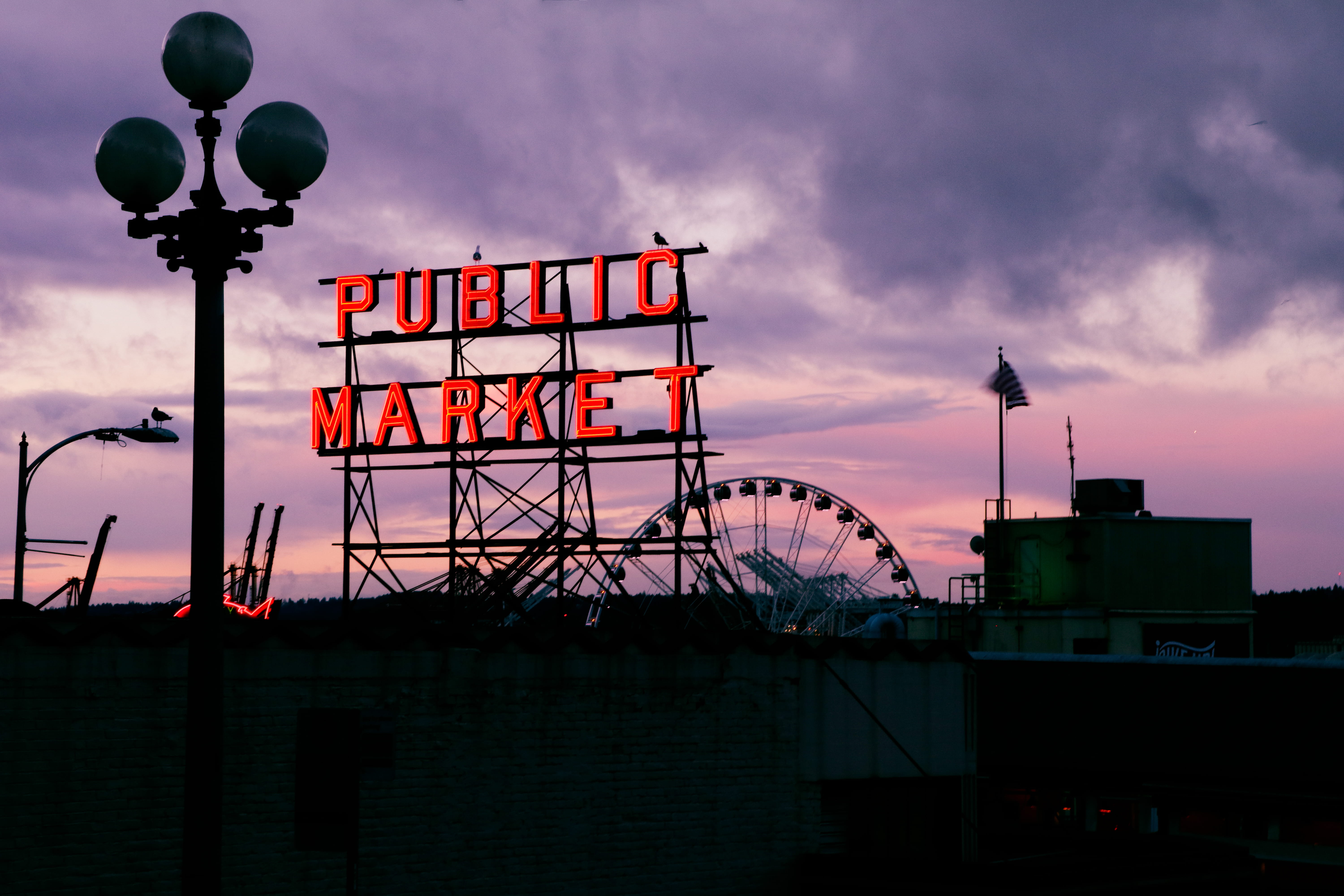 street, sunrise, big wheel, sign, wheel, nighttime, 5K, ferris wheel, built structure, nature, dusk, lighted, photography, public, cloud, street light, HD Wallpaper
