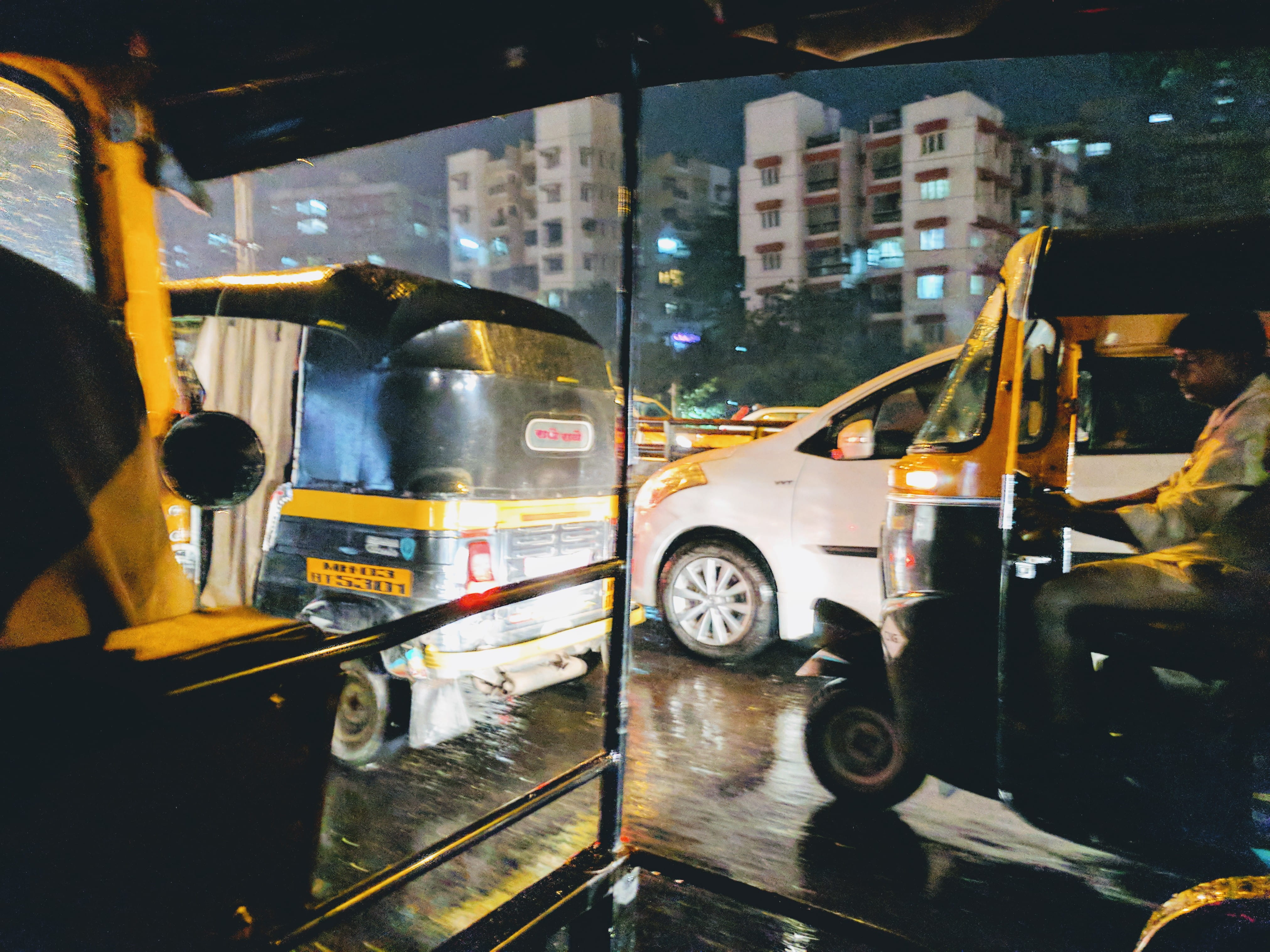 auto, riding, rain, transparent, outdoors, mumbai, reflection, glass - material, person, wet, road, built structure, rickshaw, architecture, illuminated, HD Wallpaper