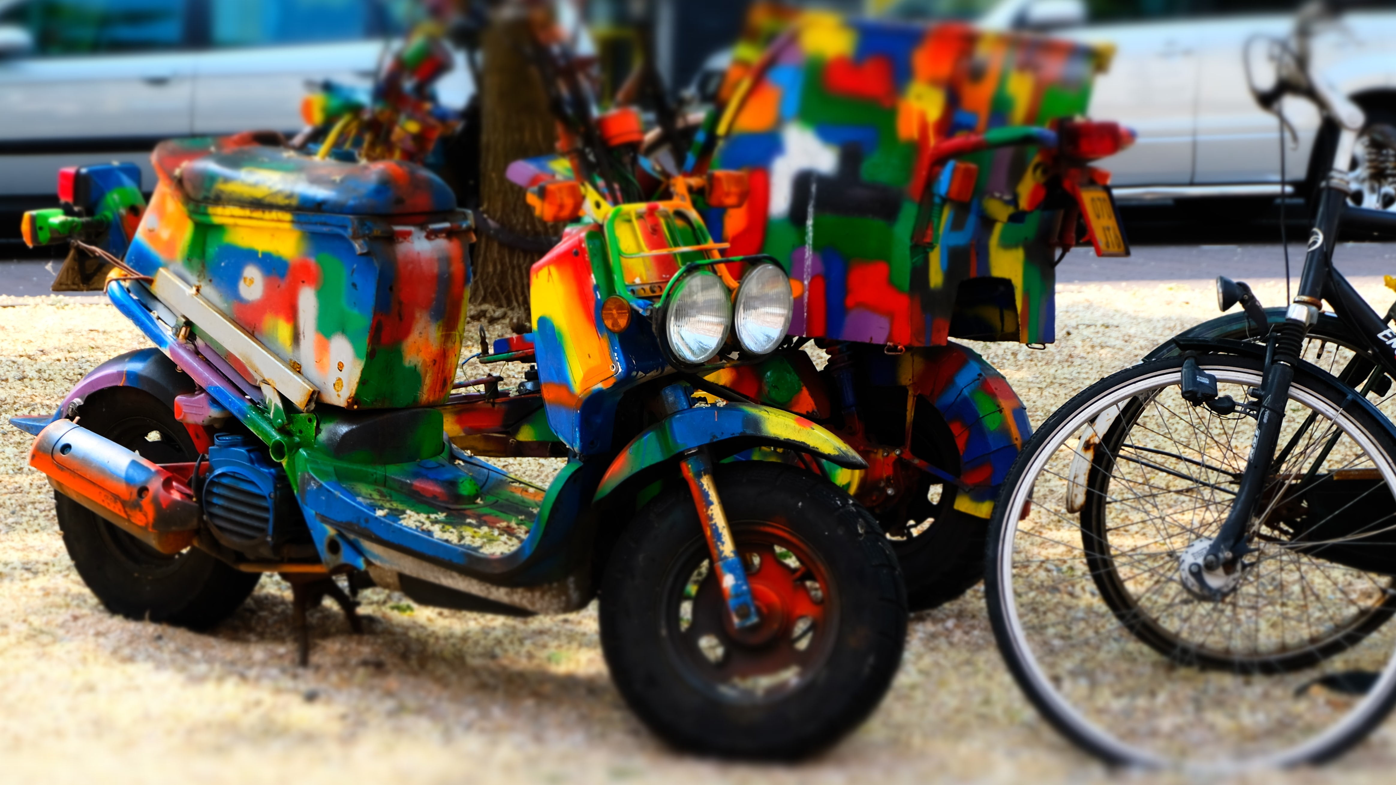 scooters, 4K, outdoors, incidental people, day, bicycle, Netherlands, car, road, city, multi colored, selective focus, focus on foreground, creativity, HD Wallpaper