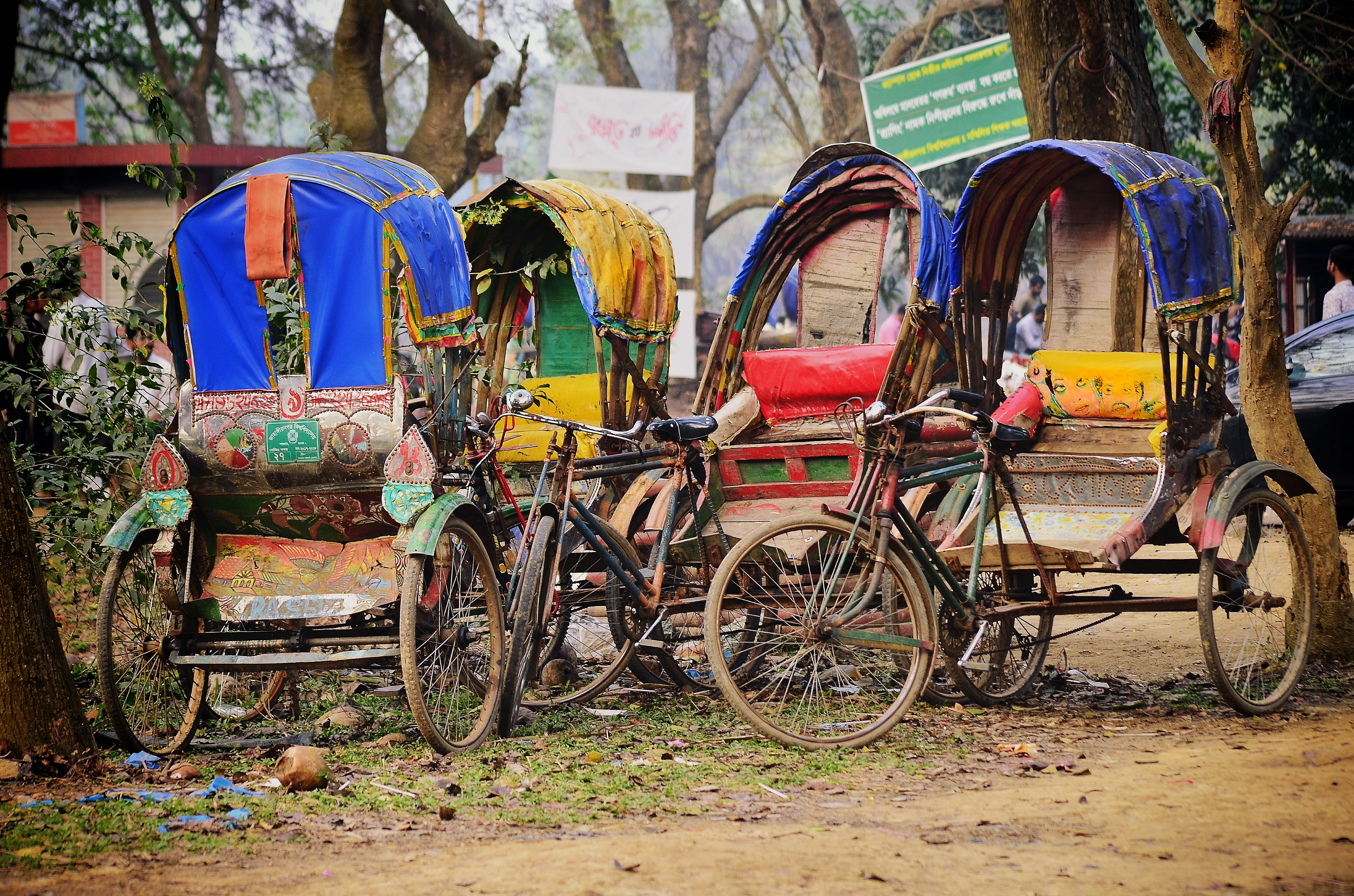 multi colored, rickshaws, nature, bangladesh, stationary, cityscape, transportation, outdoors, wood - material, vehicles, tree, 4K, mode of transportation, HD Wallpaper