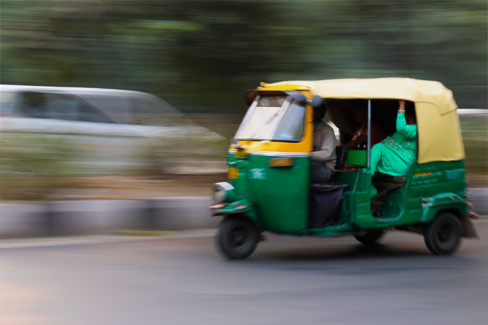 motion, motor vehicle, transportation, outdoors, wheeled, yellow, 1080P, taxi, land vehicle, green color, auto rickshaw, mode of transportation, men, street, HD Wallpaper