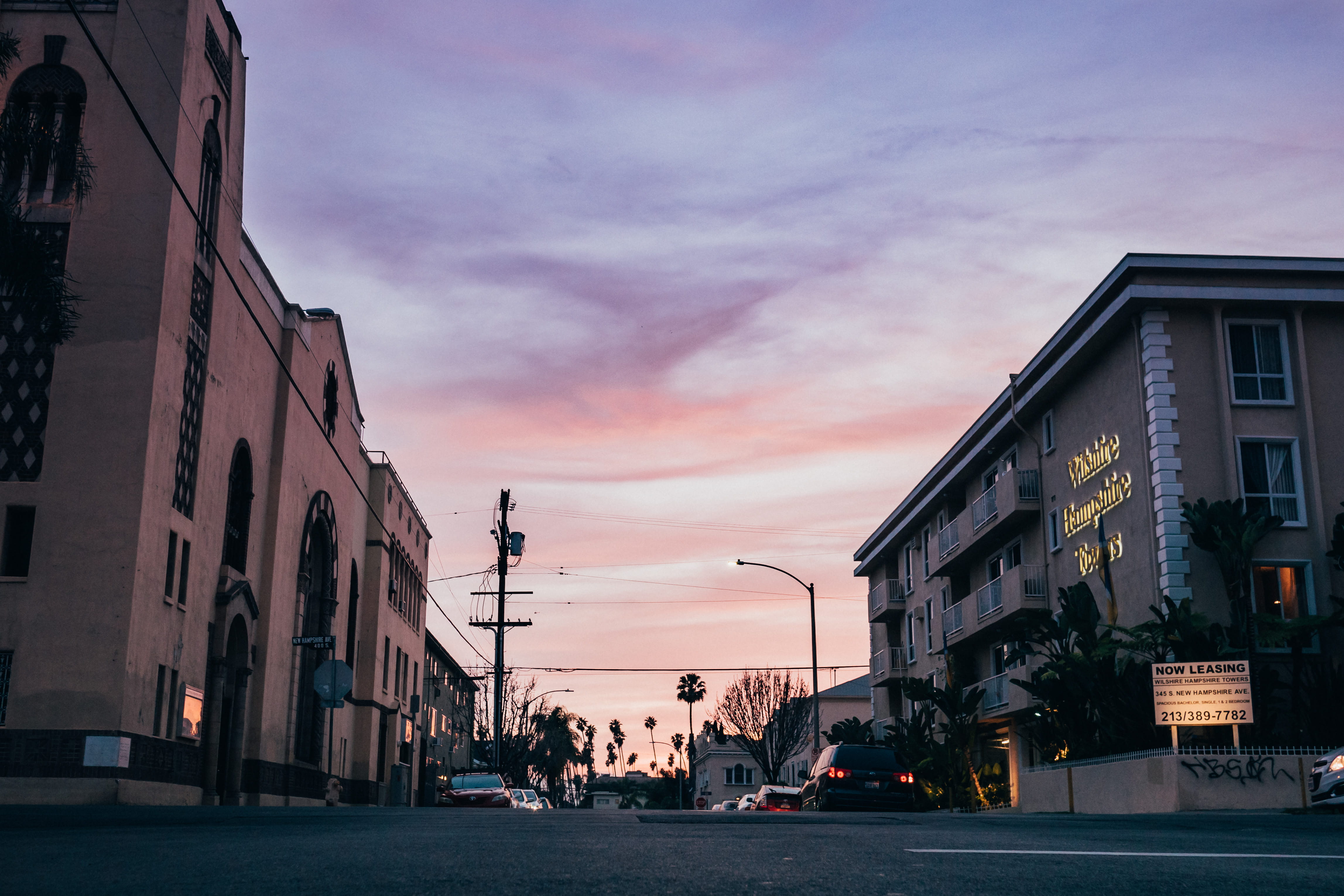 dusk, wilshire, california, church, mode of transportation, car, land vehicle, motor vehicle, transportation, los angeles sunset, koreatown, architecture, HD Wallpaper
