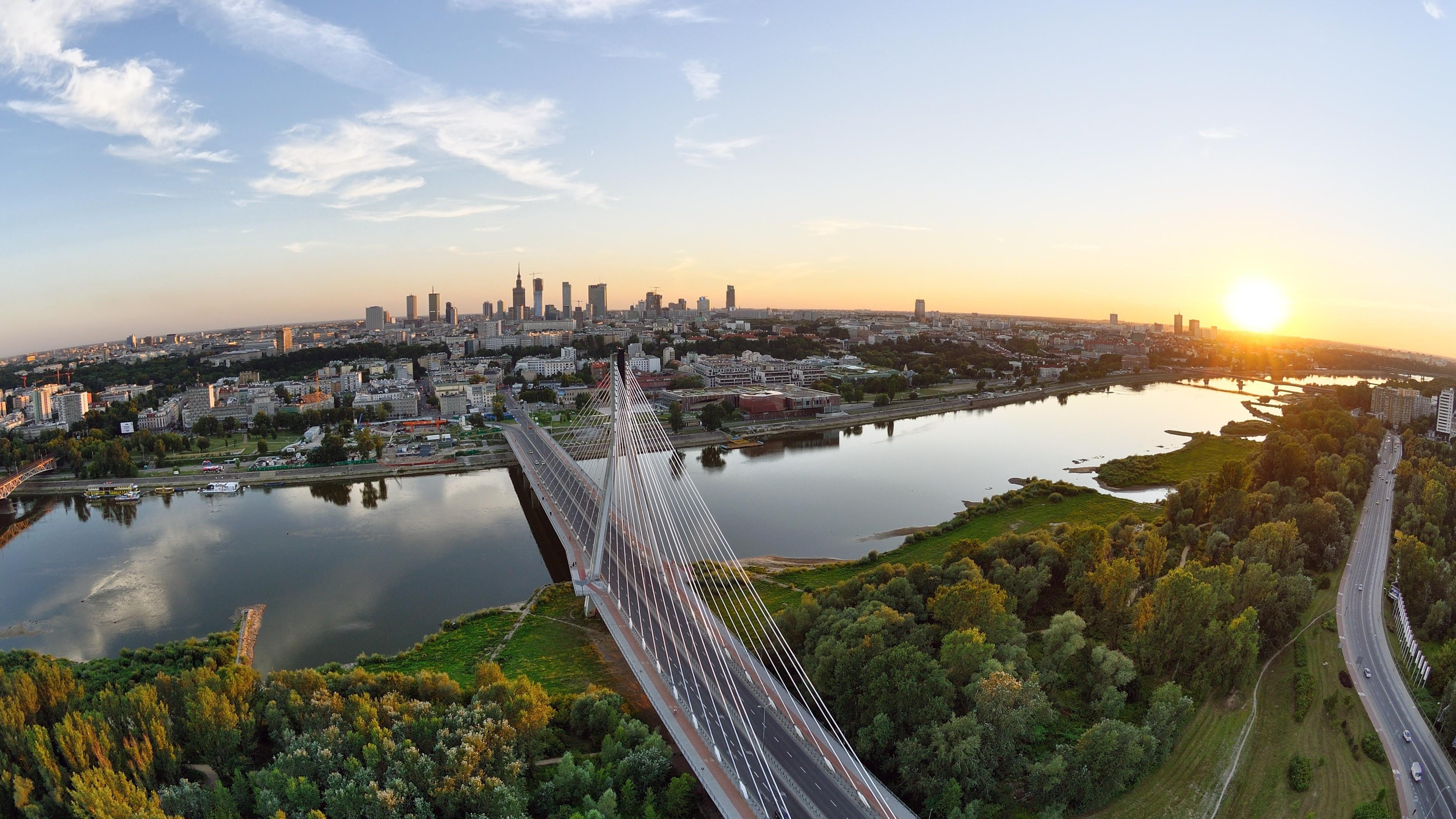daytime, horizon, modern, cityscape, urban area, tower, sky, warsaw, city, outdoors, cloud - sky, nature, siekierkowski bridge, travel destinations, built structure, HD Wallpaper