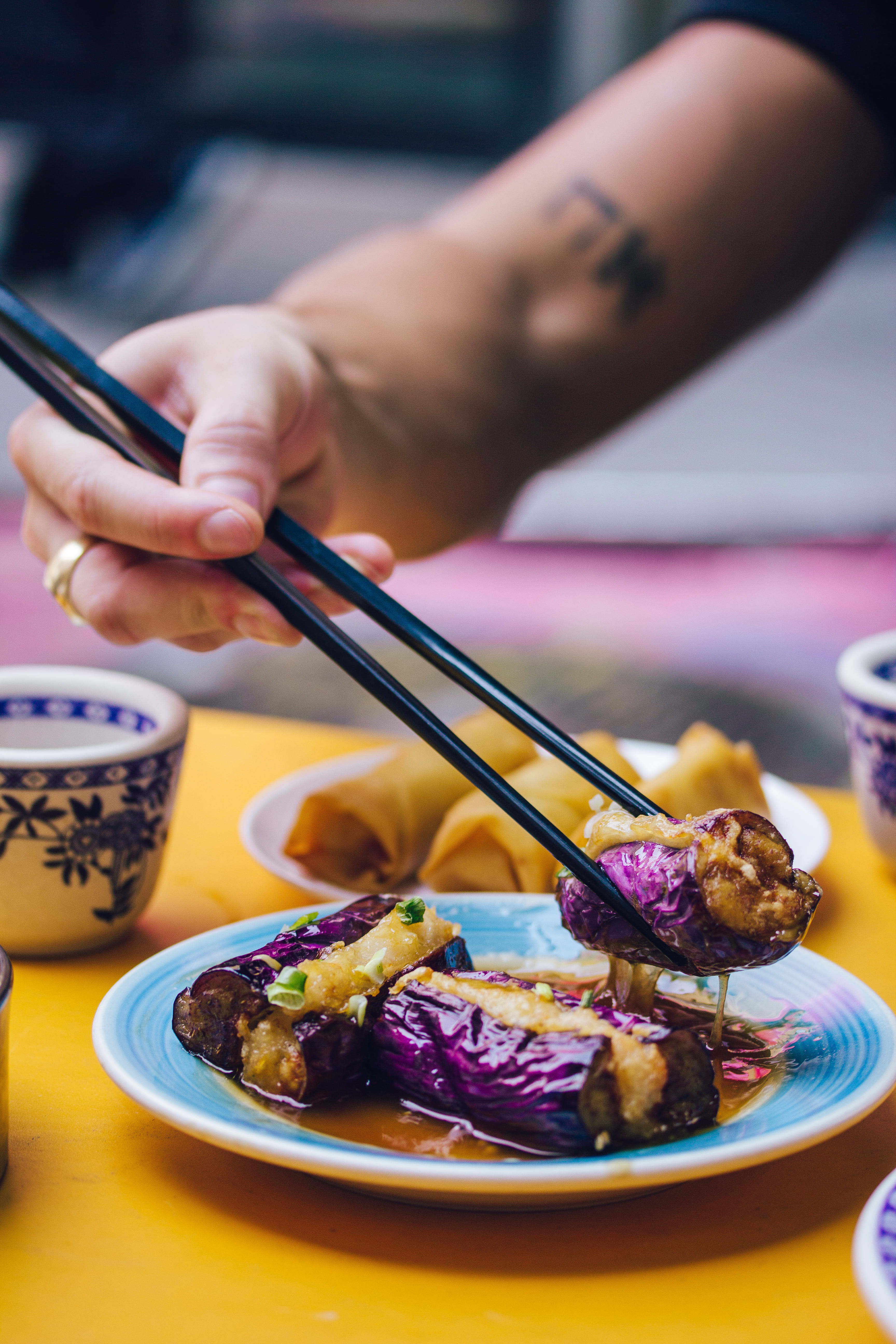 crockery, cultures, asian, snack, food And Drink, healthy Eating, chopsticks, cooking, plate, dinner, spoon, tattoo, restaurant, appetizer, purple, meat, Phone HD Wallpaper