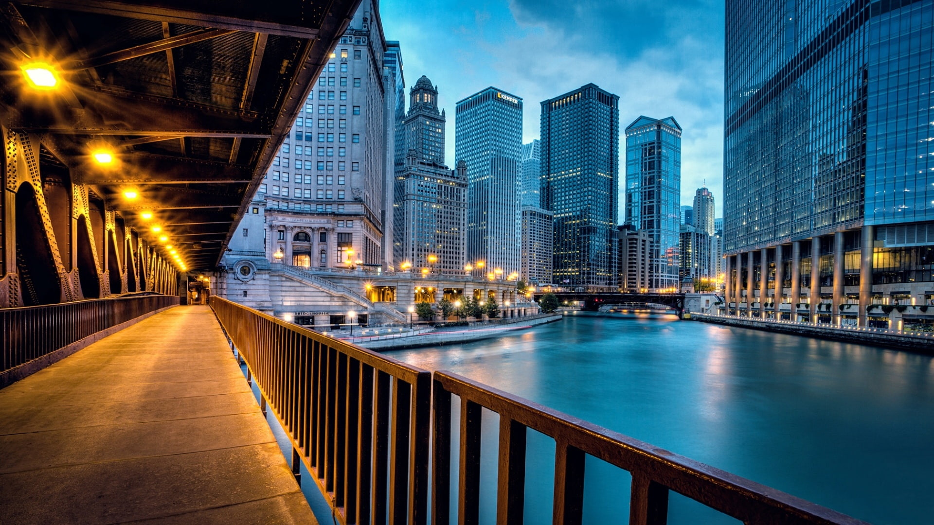 Bridge, Chicago, Road, United, 1080P, Lights, Evening, City, States, Skyscrapers, Buildings, HD Wallpaper