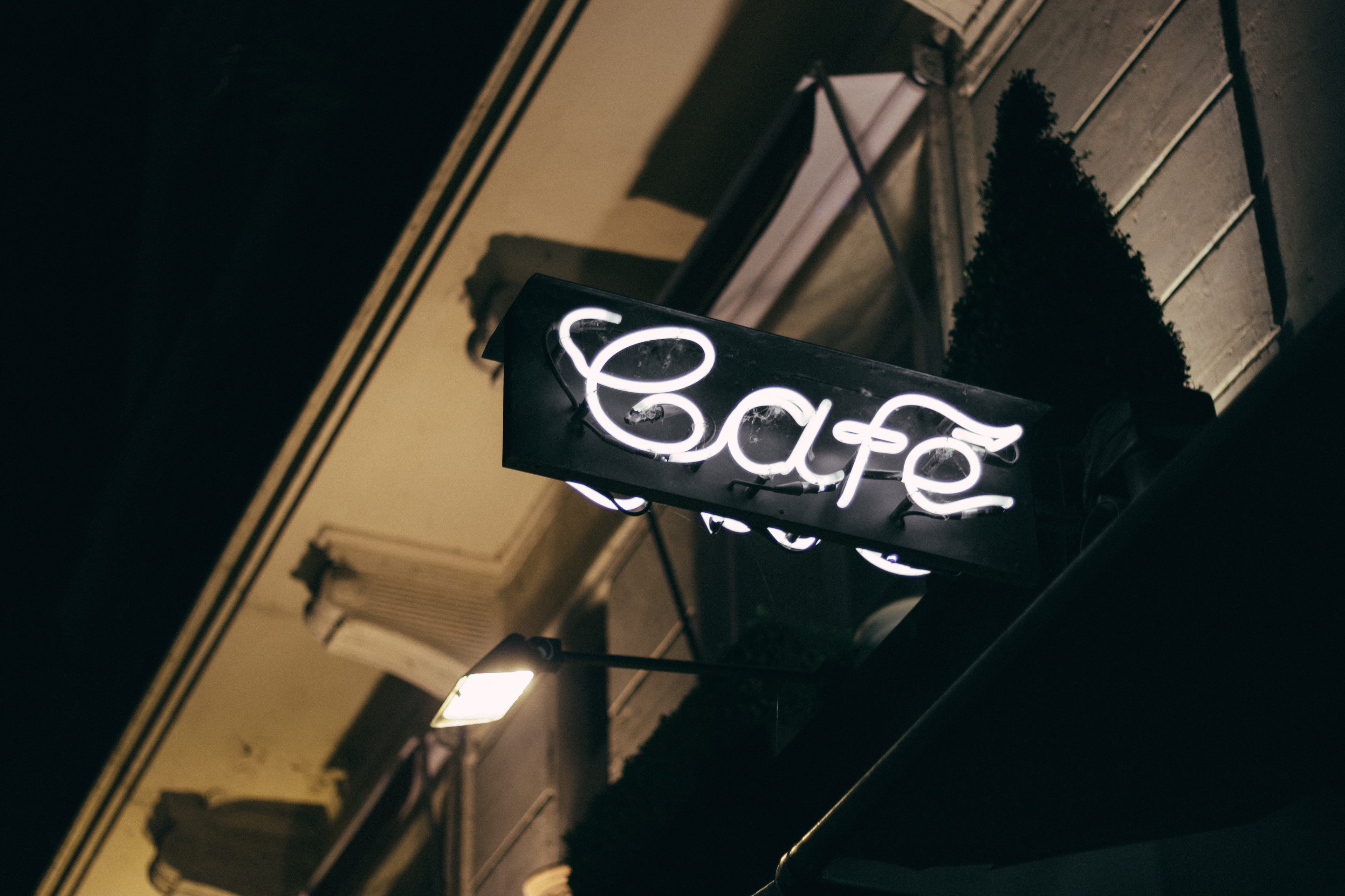 communication, typography, Cafe, western script, city life, Neon Sign, neon, text, building, residential district, no people, 5K, city, street, architecture, HD Wallpaper