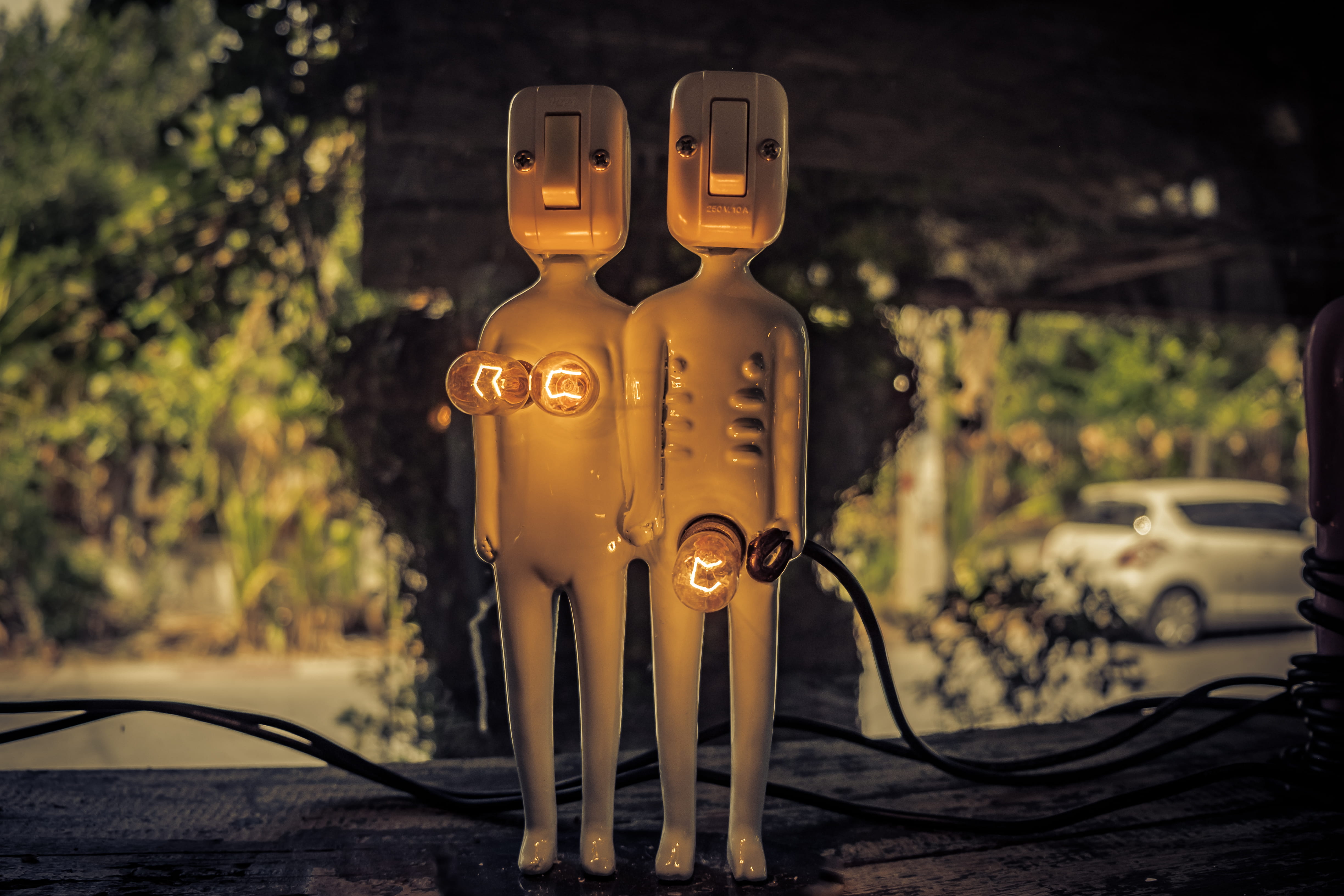 character, cable, selective, table, lamp, funny backgrounds, no people, city, focus, male and female, tree, male, plant, female, transportation, human representation, HD Wallpaper