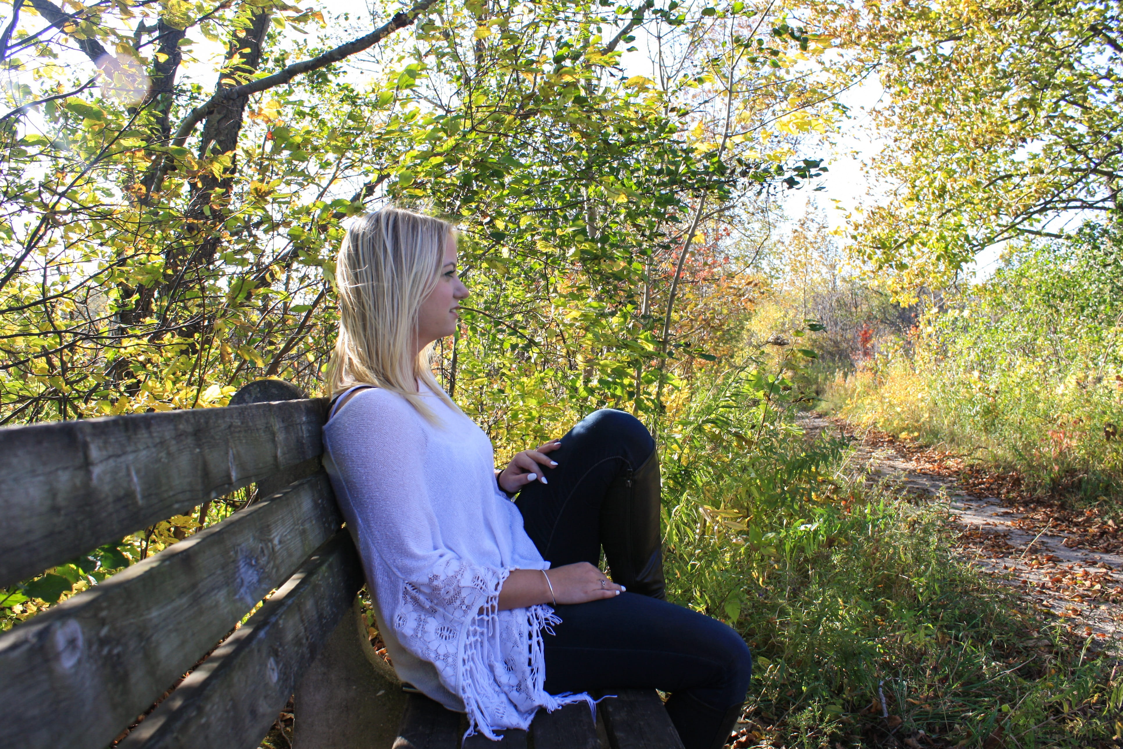 white, thinking woman, beautiful woman, young women, woman, plant, hair, three quarter length, side-profile, full length, day, outdoors, jeans, tree, real people, HD Wallpaper