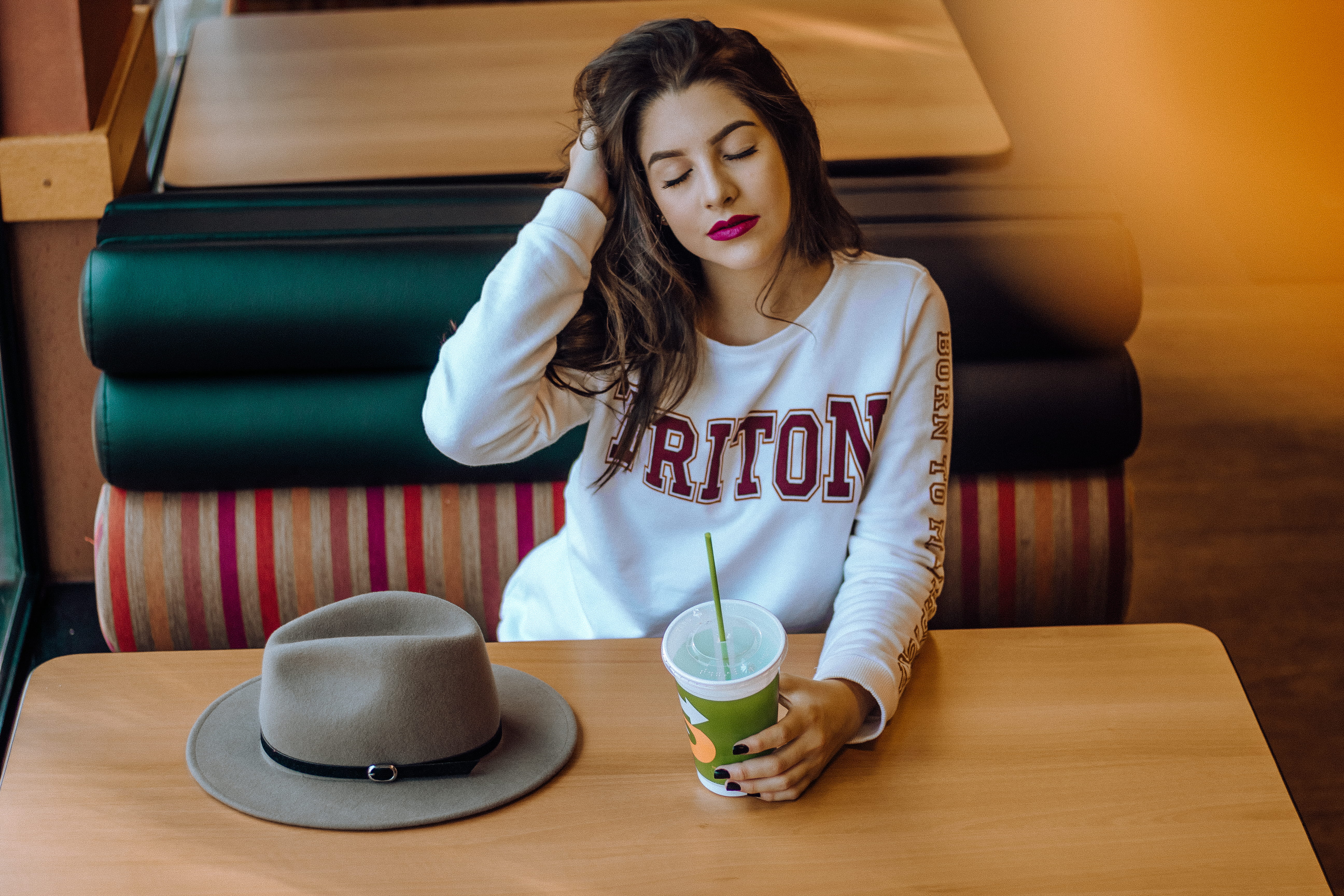 one person, long hair, restaurant, table, holding, food, lipstick, sitting, drink, women, glass, beautiful woman, brazil, soda, indoors, cup, refreshment, HD Wallpaper