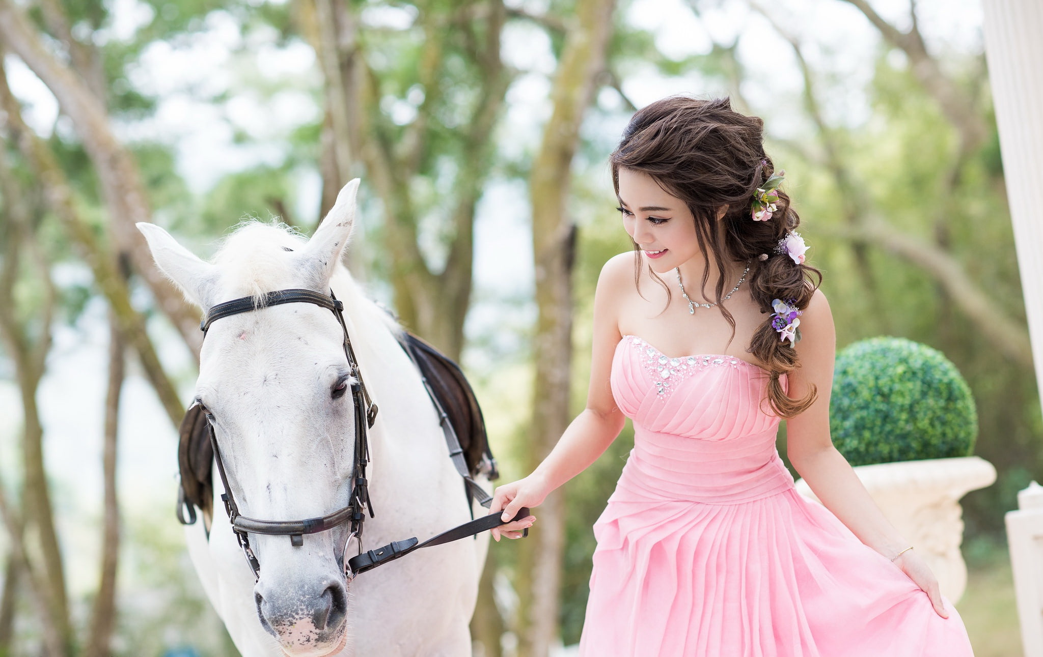 livestock, domestic animals, mammal, animals, strapless dress, outdoors, focus on foreground, model, women, plant, smiling, pink dress, teenager, horse, HD Wallpaper