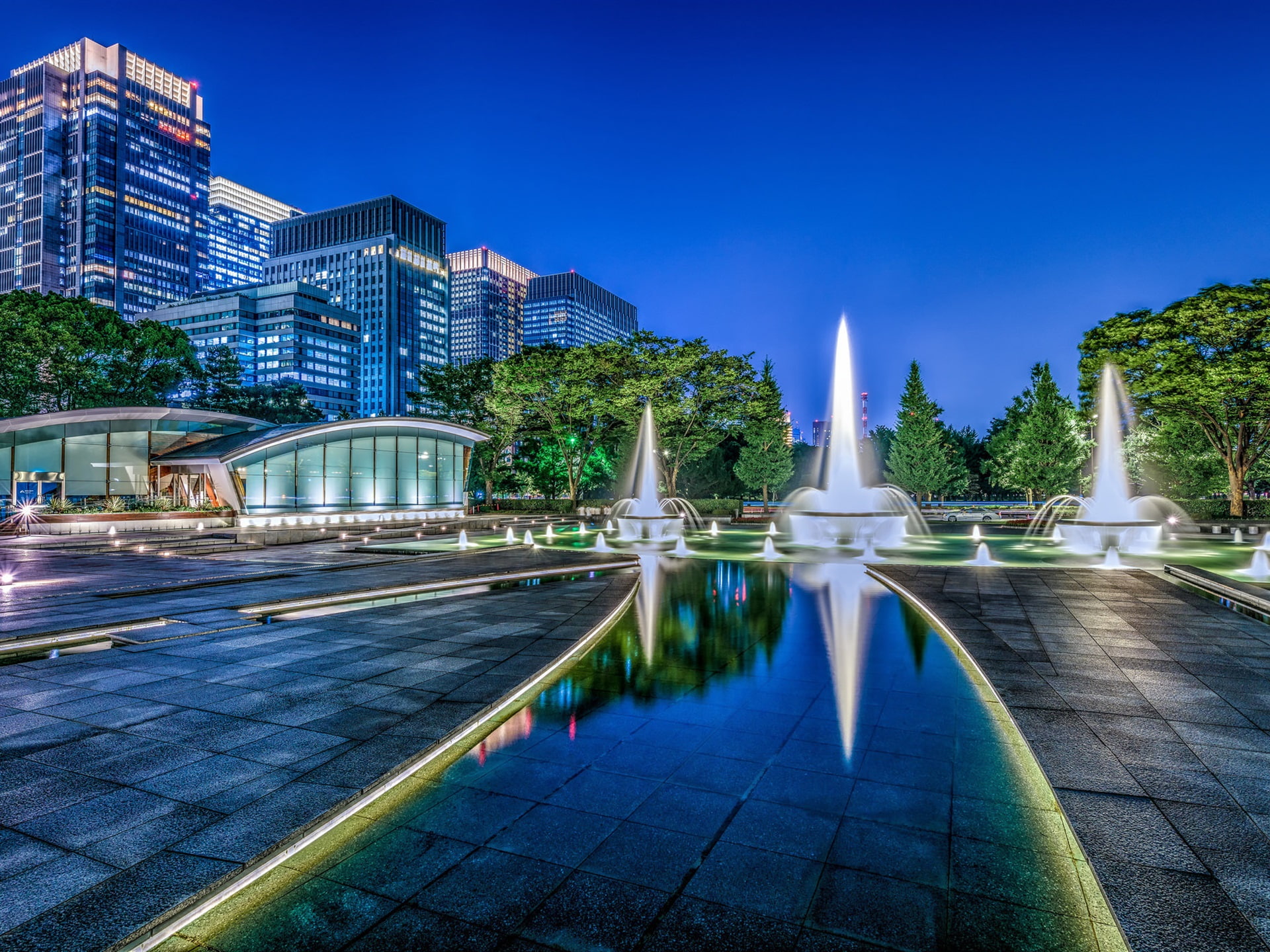 Japan, Skyscrapers, 1080P, Park, Fountain, Beautiful, Tokyo, Wadakura, Lights, Night, City, photos, HD Wallpaper