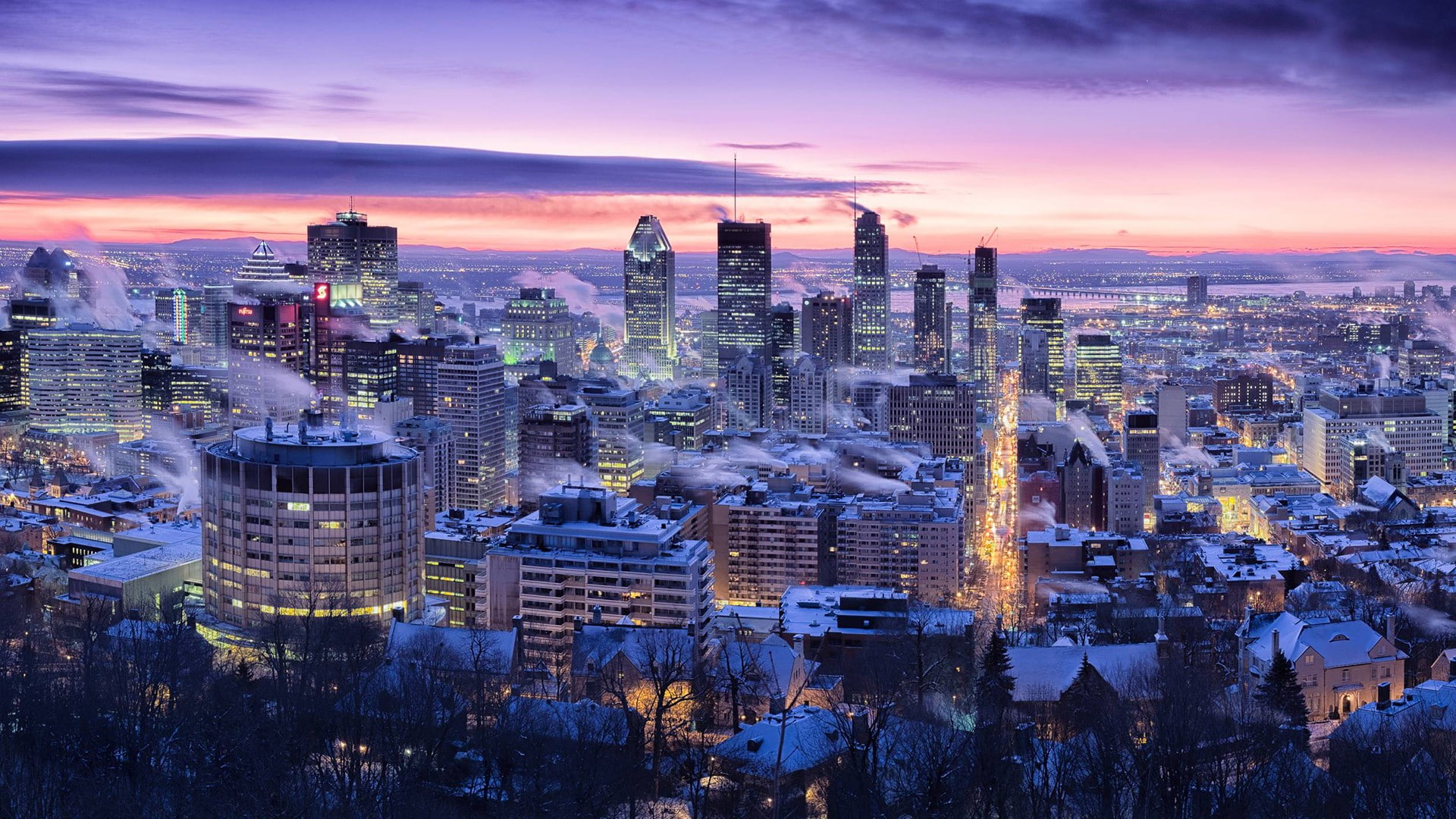cityscape, architecture, 1080P, Montreal, photography, winter, sky, night, long exposure, HD Wallpaper