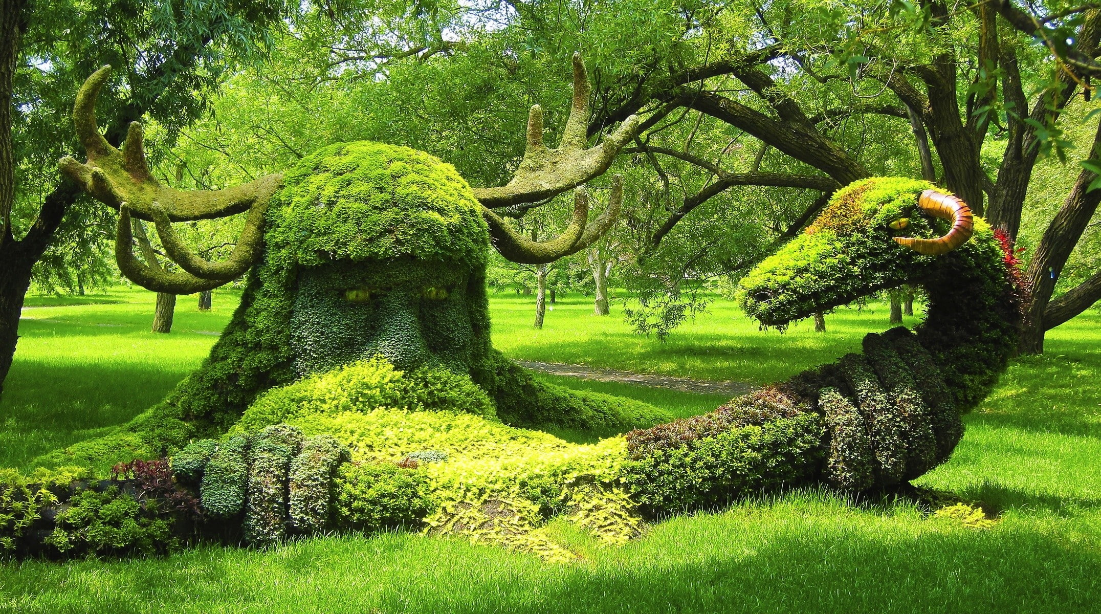 Canada, snake, 1080P, Montreal, trees, horns, garden, park, grass, HD Wallpaper