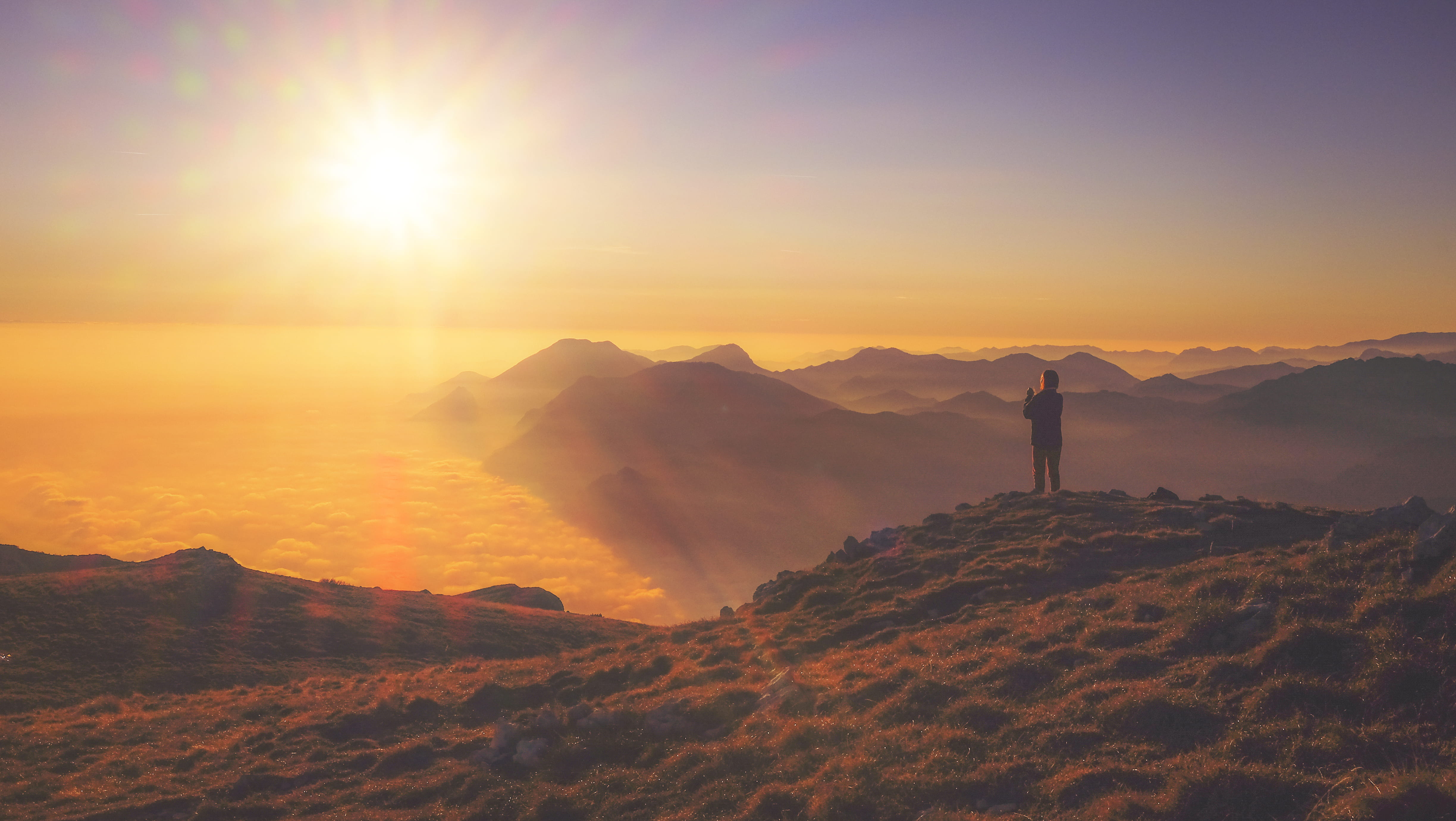 dusk, beauty In Nature, tranquil scene, sunrise, 4K, mountain, landscape, scenics - nature, mountain Peak, hill, sky, standing, cloud, lens flare, looking at view, HD Wallpaper