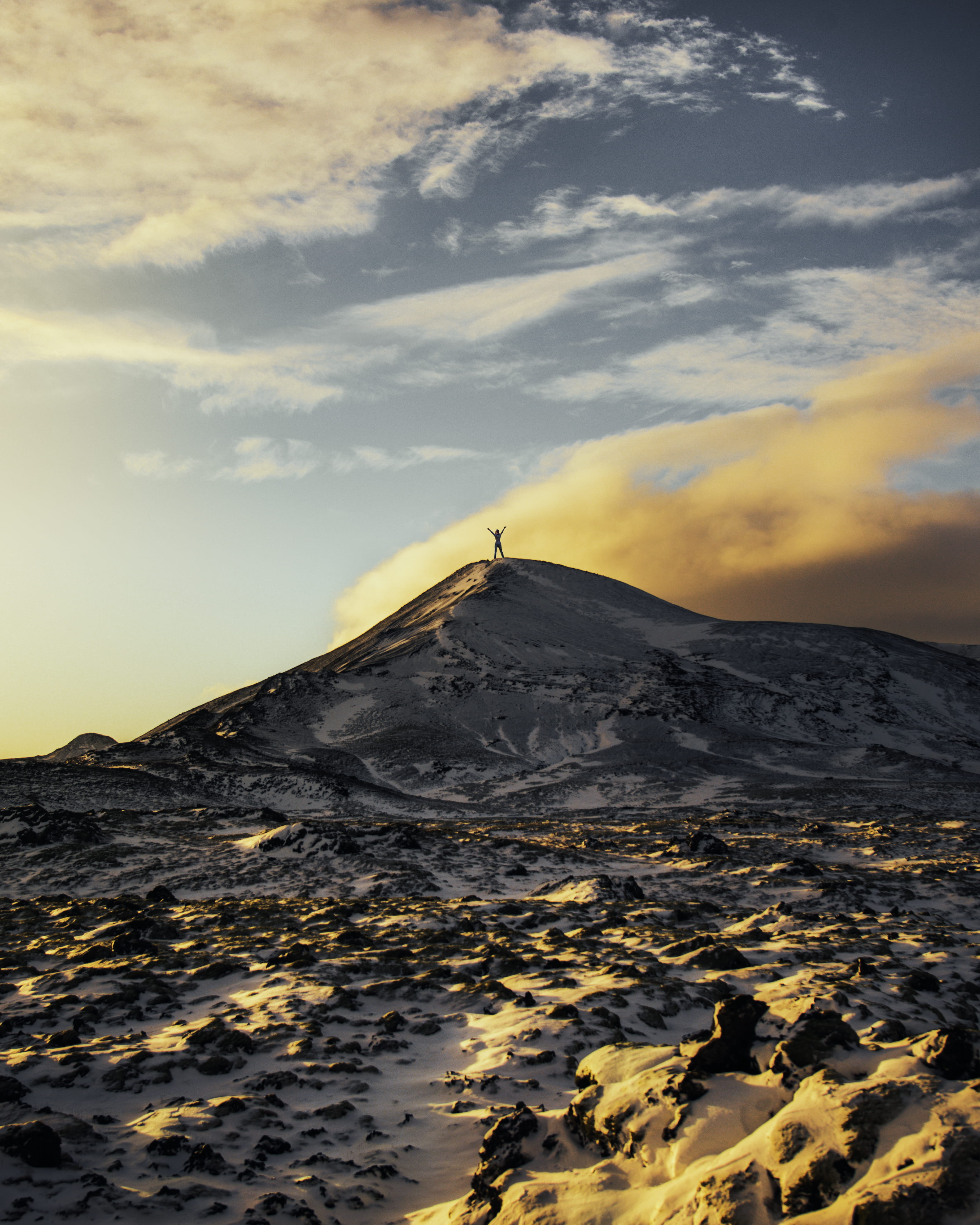 cloud, sea, hill peak, top, succes, person, covered, orange light, outdoors, scenery, mountain peak, land, life, standing, sunset light, no people, scenics - nature, Phone HD Wallpaper