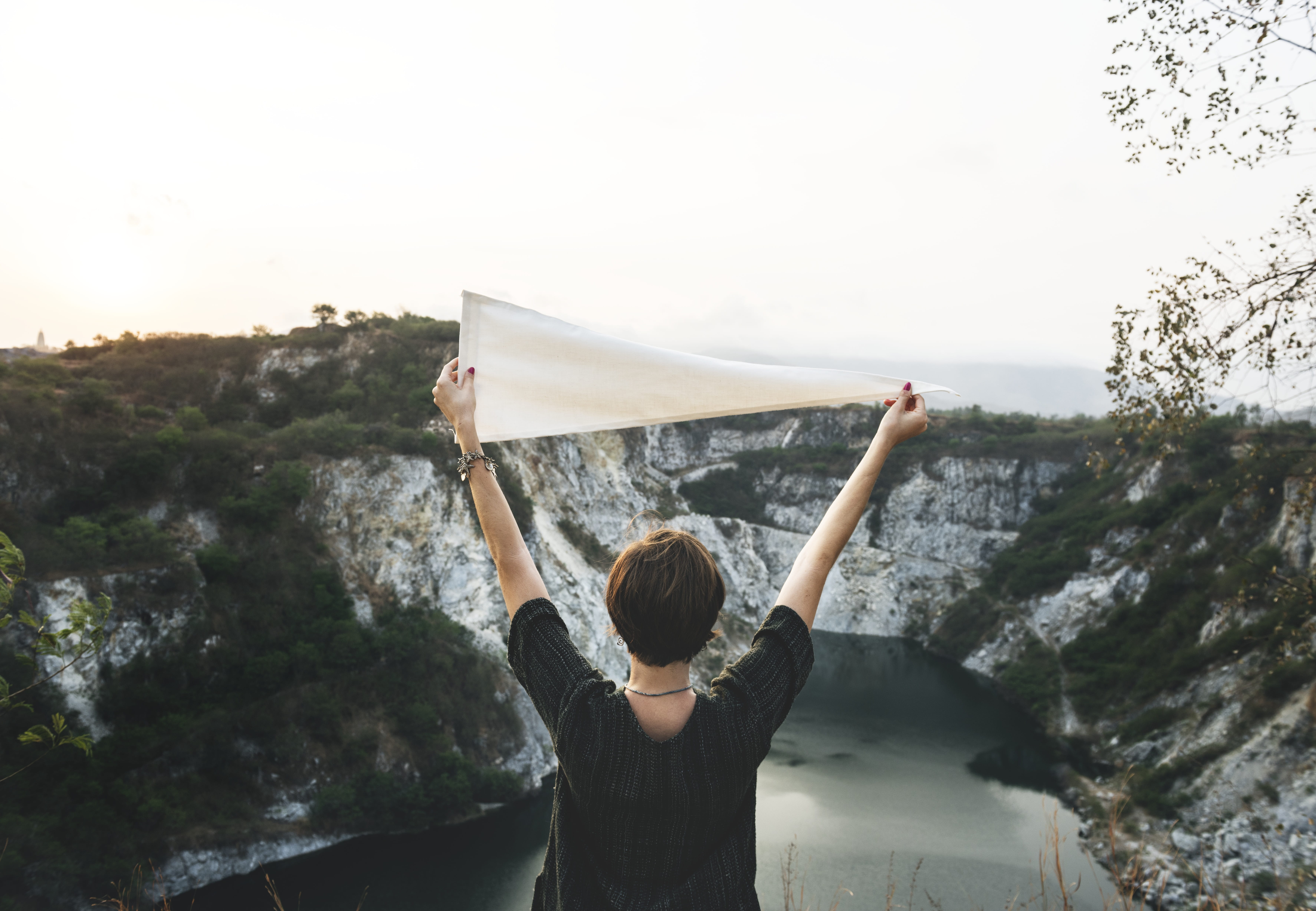 casual, journey, outdoors, wanderlust, landscape, vacation, one person, flag, arms raised, human body part, scenic, enjoy, standing, lifestyles, sky, destination, HD Wallpaper