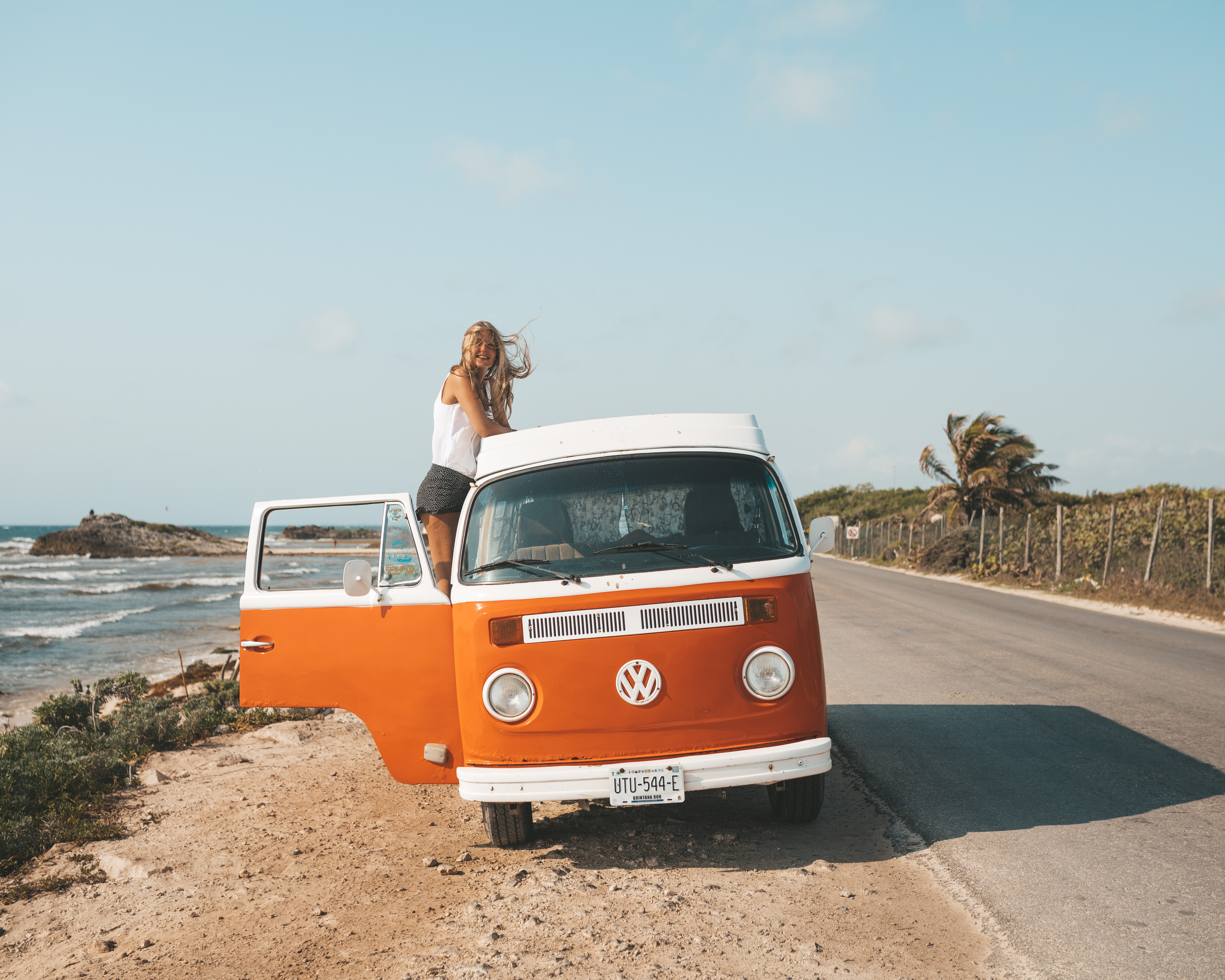 woman, adult, orange camper van, top, motor vehicle, land vehicle, on van, roadttrip, female, tank, couple - relationship, volkswagen, young women, 5K, HD Wallpaper
