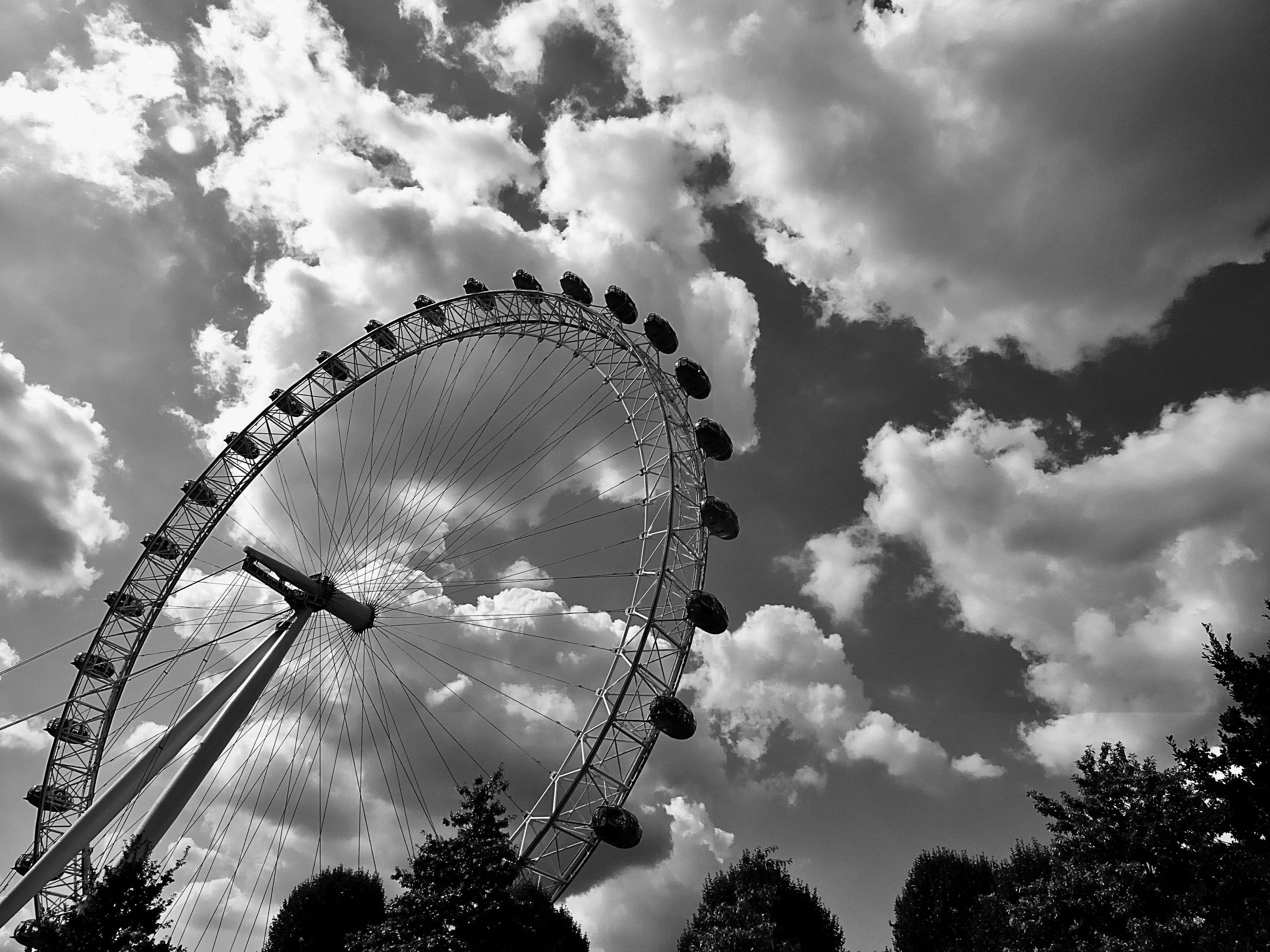 wheel, white, amusement park, no people, 2K, tree, perspective, circle, amusement, theme park, low angle shot, leisure activity, fun, day, amusement park ride, HD Wallpaper