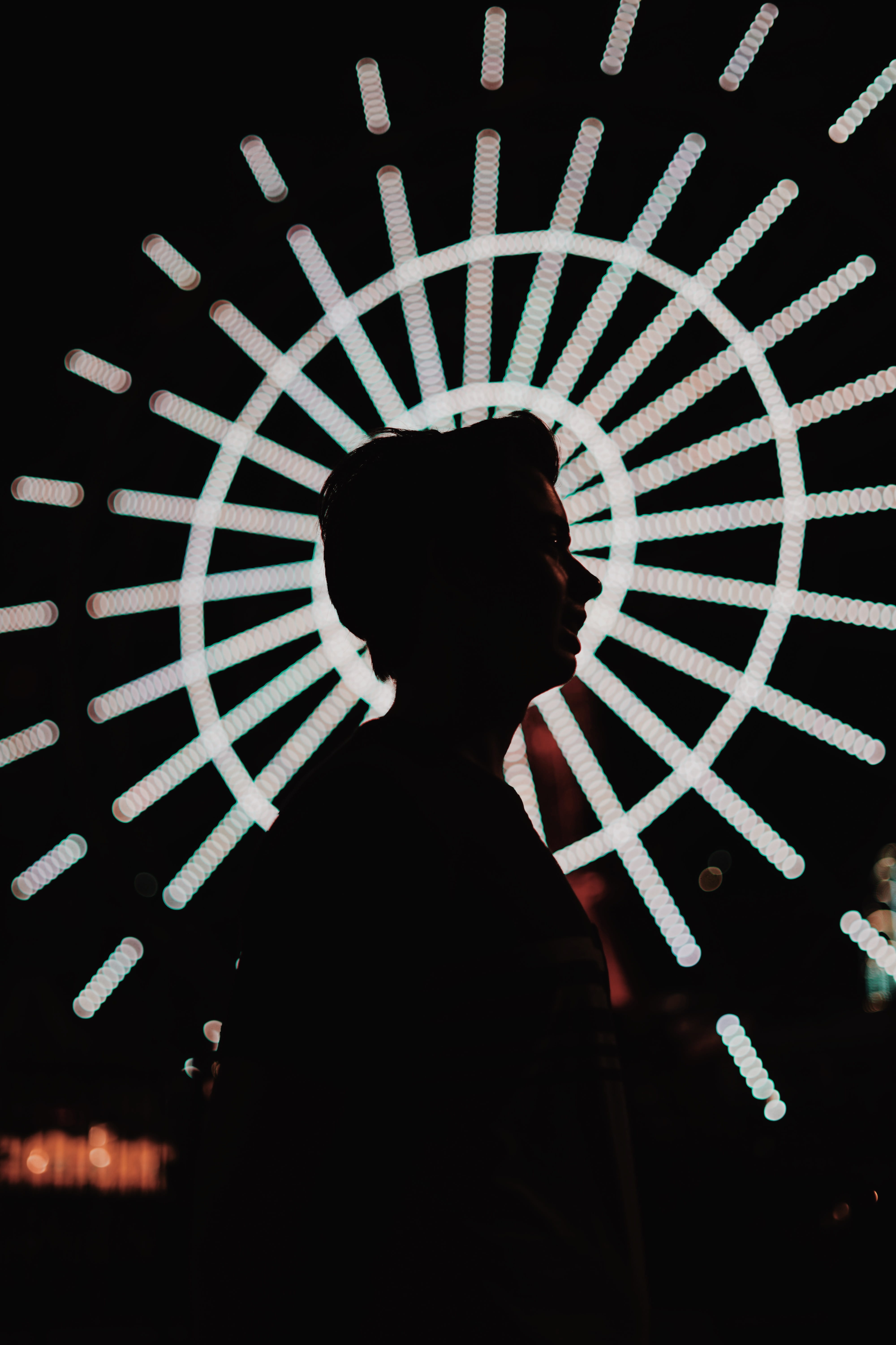 light, illuminated, real people, rear view, reel, casual clothing, pattern, ferris, female, waist up, leisure activity, lifestyles, design, 5K, lights, Phone HD Wallpaper
