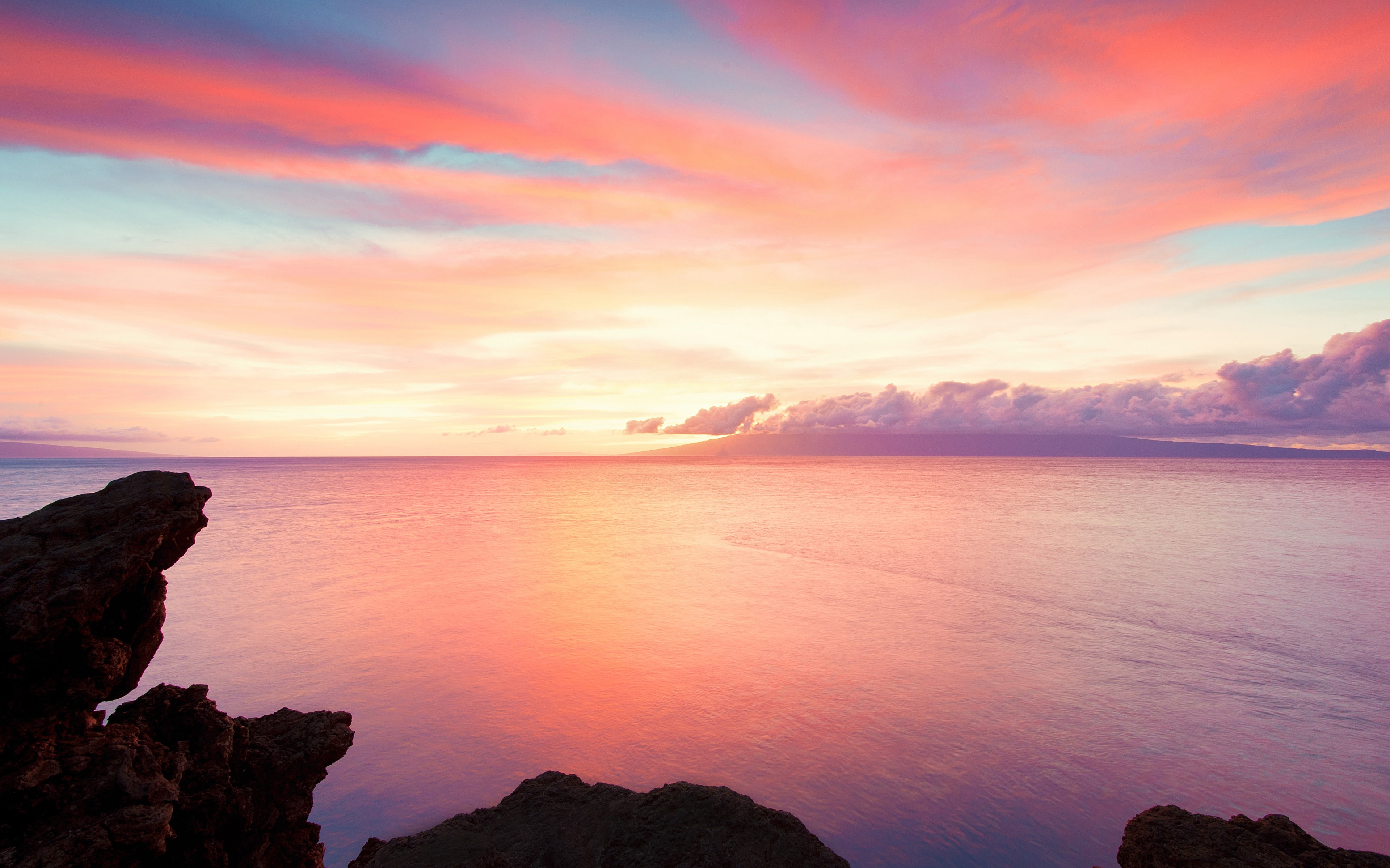 4K, calm, sunset, sky, pink, nature, landscape, horizon, sea, violet, HD Wallpaper