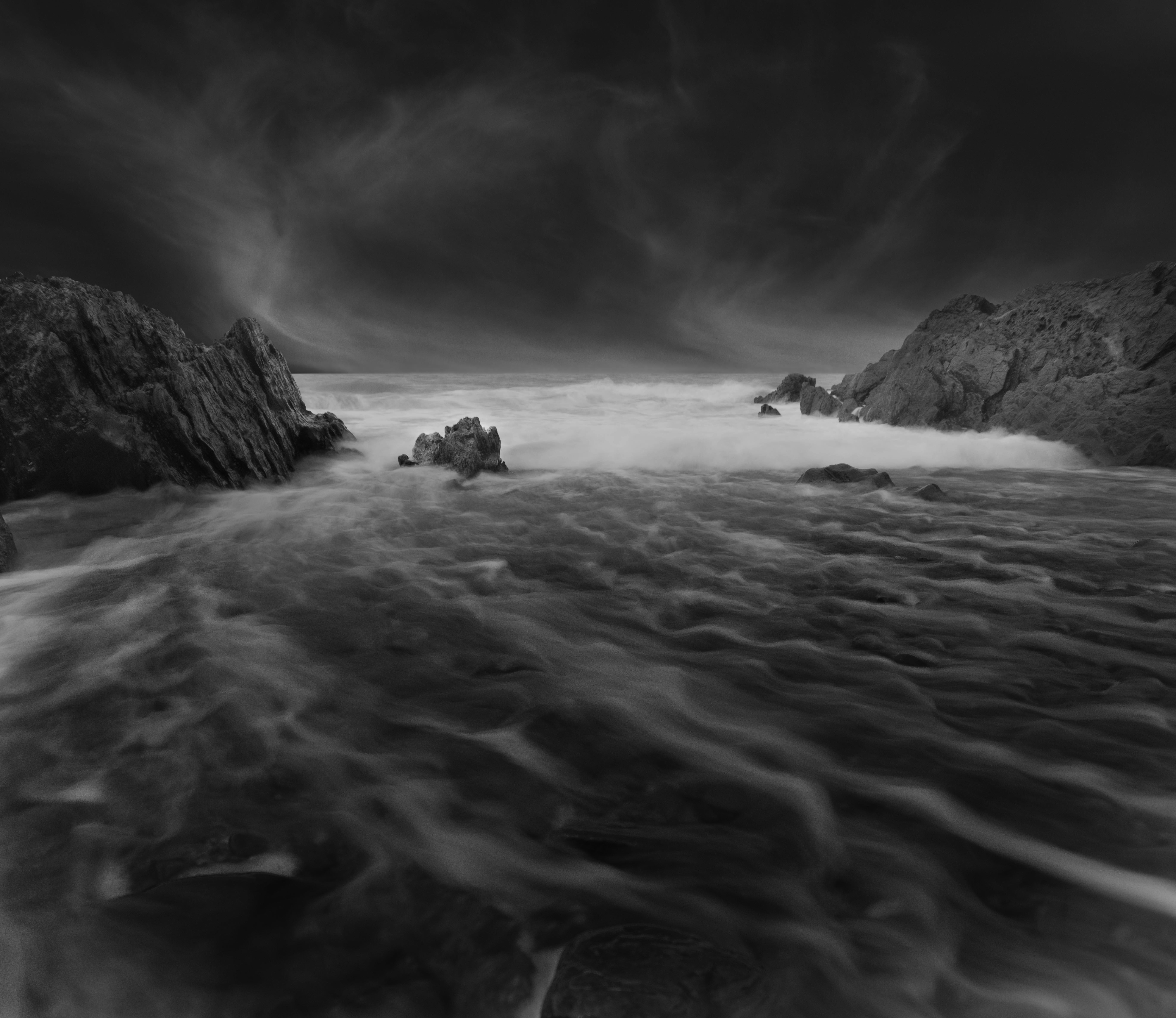 rock - Object, coastline, Detail, White, crashing, outdoors, beach, landscape, Depth, greyscale, Earth, World, Milky, scenics, exposure, Waters, sea, nature, HD Wallpaper