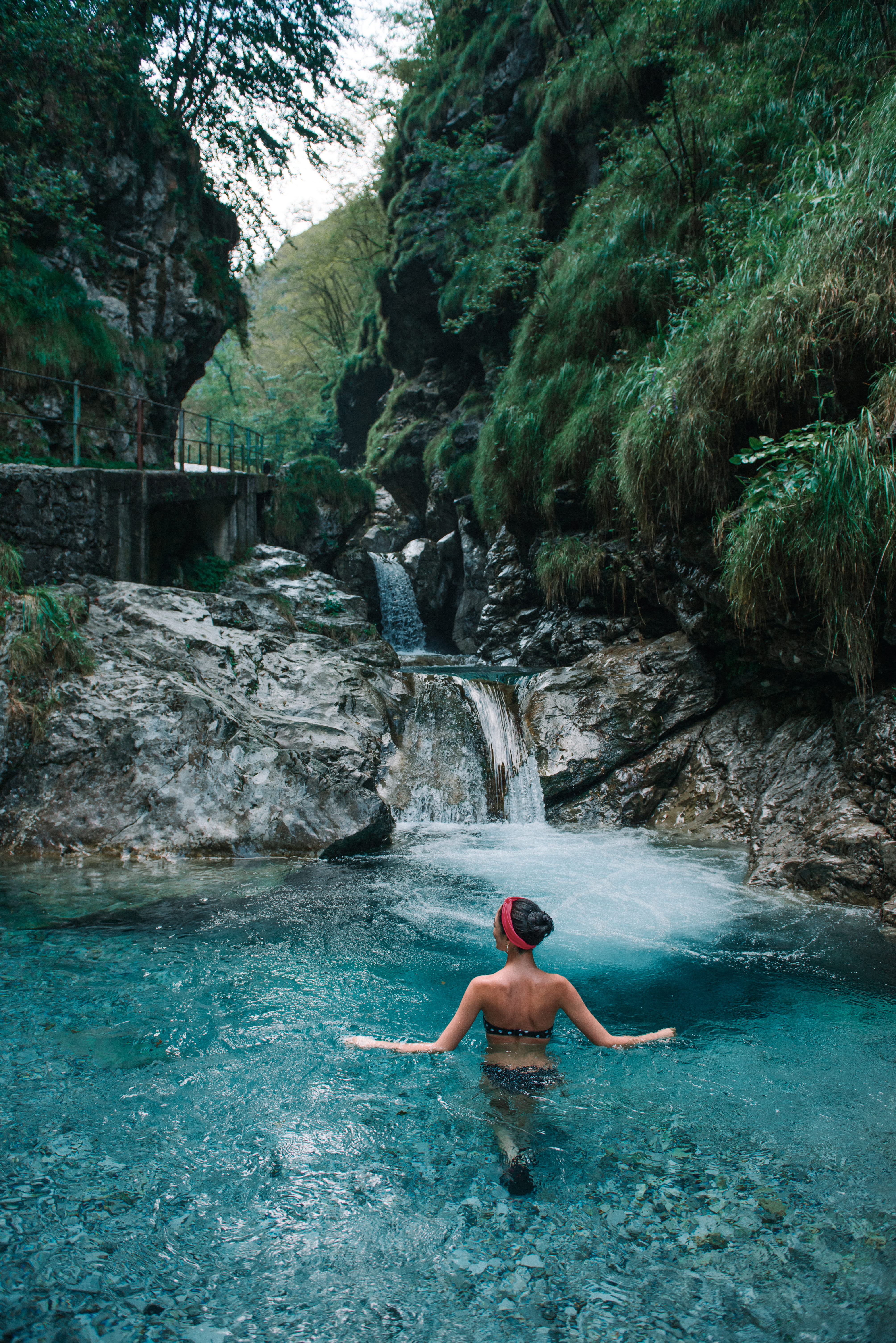 waterfall, caucasian Ethnicity, jungle green, swimming, girl in the lake, traveling, adult, outdoors, travel, woman, rock - Object, nature, water, action, Phone HD Wallpaper