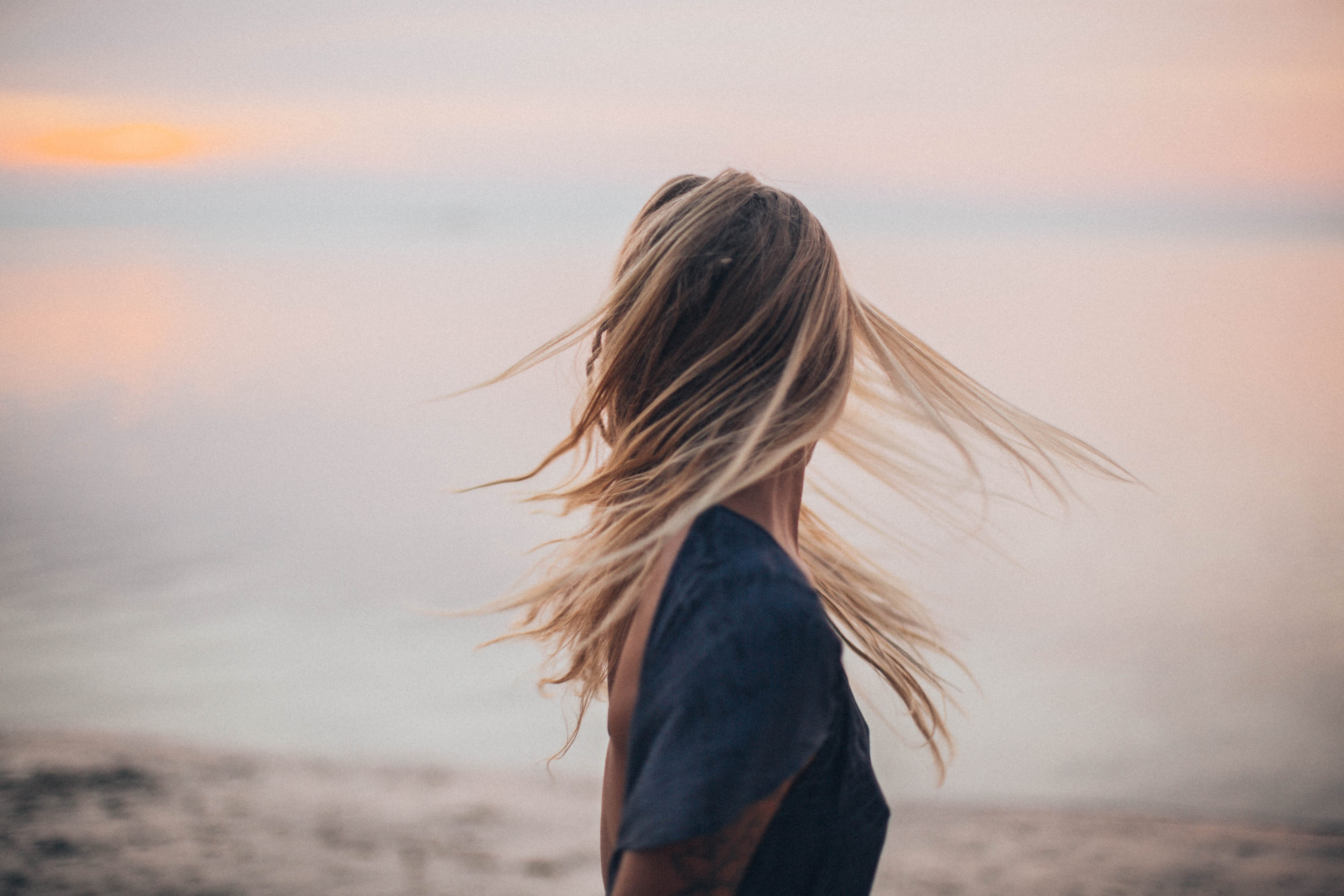 golden hour, freedom, waist up, model, black, blond hair, woman, motion, land, clouds, lady, pose, sunset, close-up, horizon, casual, brown hair, person, HD Wallpaper