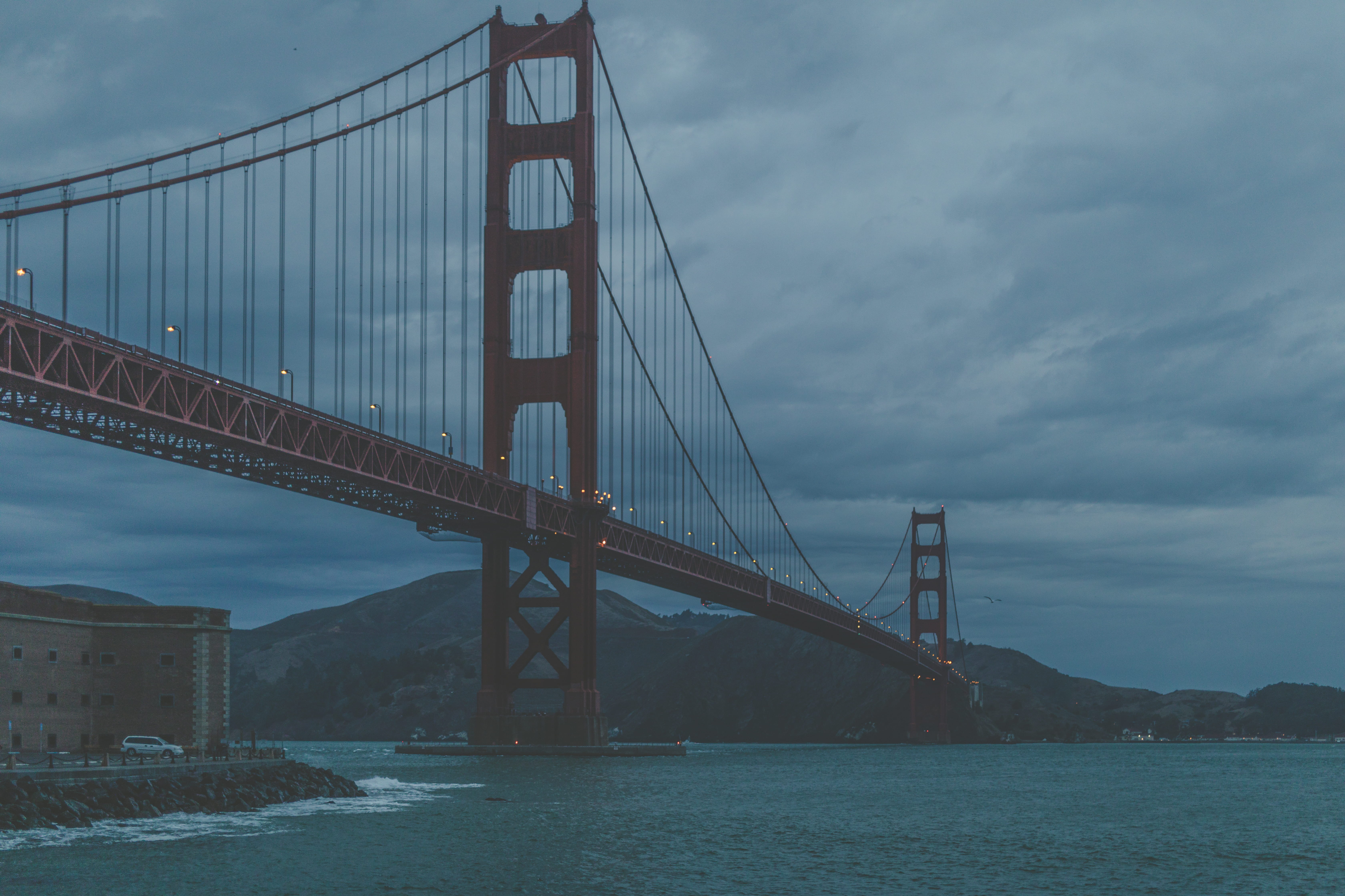 5K, red, bay, long, cali, engineering, dusk, tourism, sky, travel, street, outdoors, mountain, francisco, golden gate bridge, bay of water, cloudy, the bay, HD Wallpaper