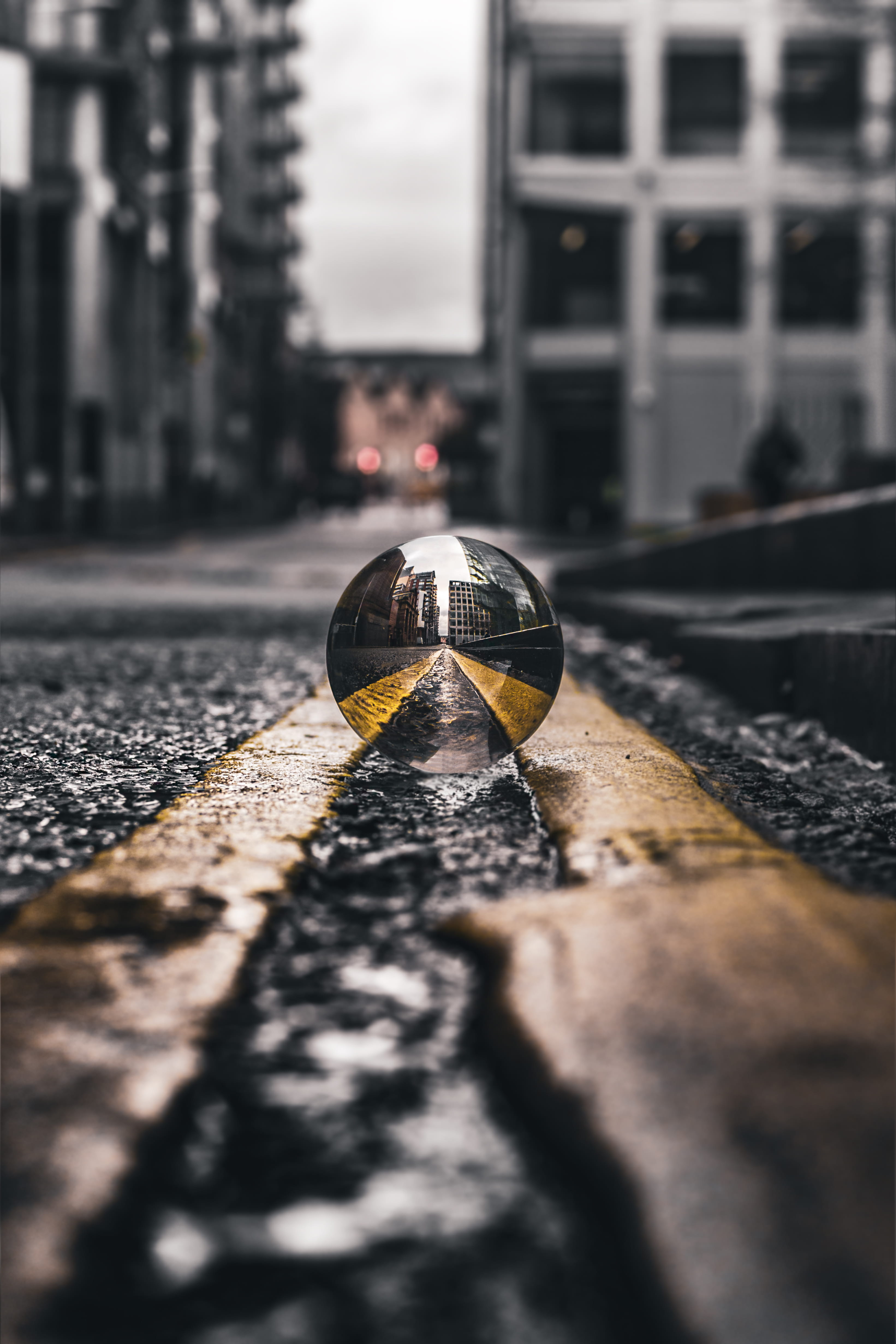 asphalt, blur, water, no people, close-up, Lensball, city, sphere, crystal ball, photo, road, rain, glass, street, bokeh, sunlight, day, tarmac, reflection, Phone HD Wallpaper