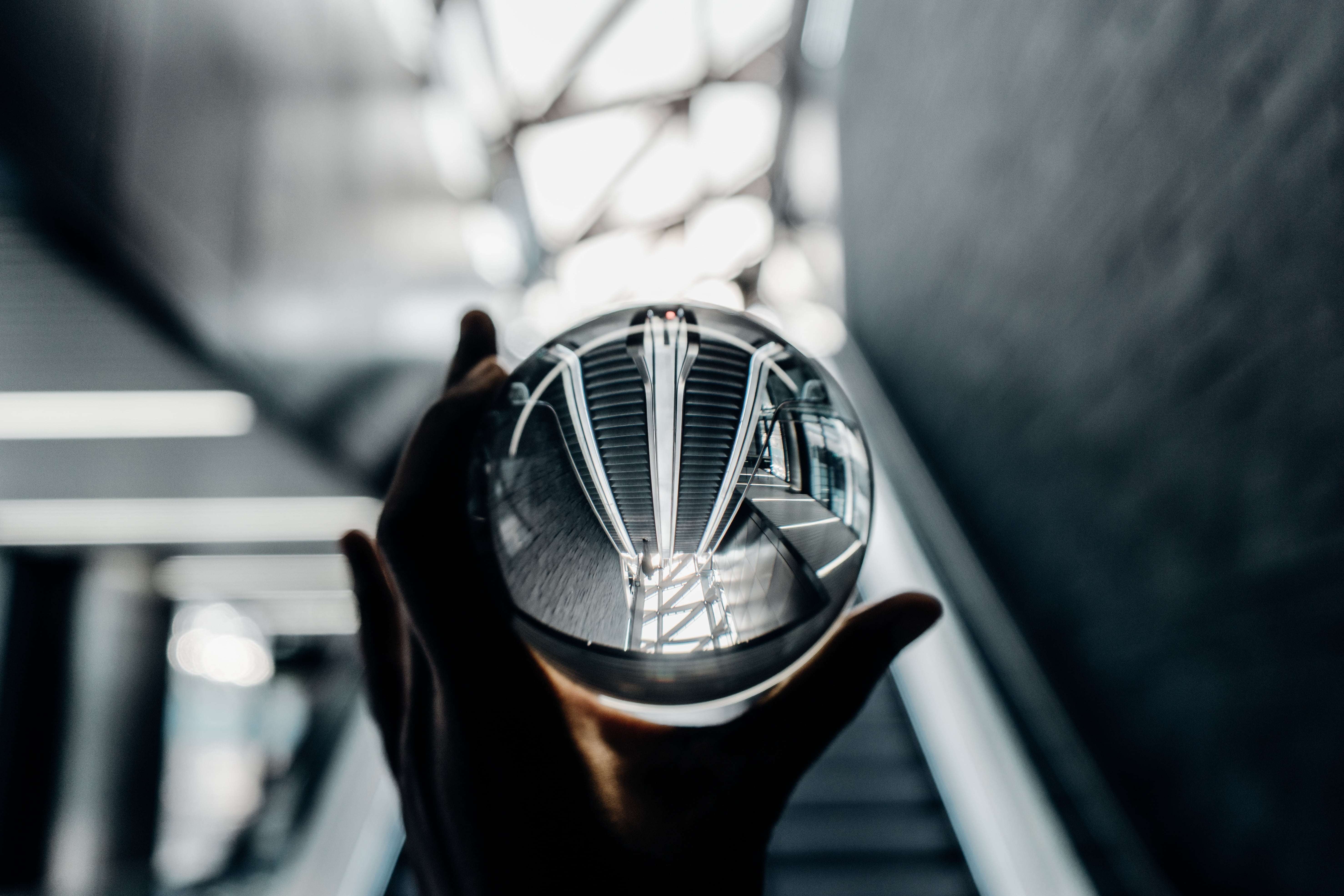 escalator, drink, car, railing, indoors, hand, 5K, items, architecture, security, blur, day, close-up, outdoors, transparent, silver colored, round, protection, HD Wallpaper