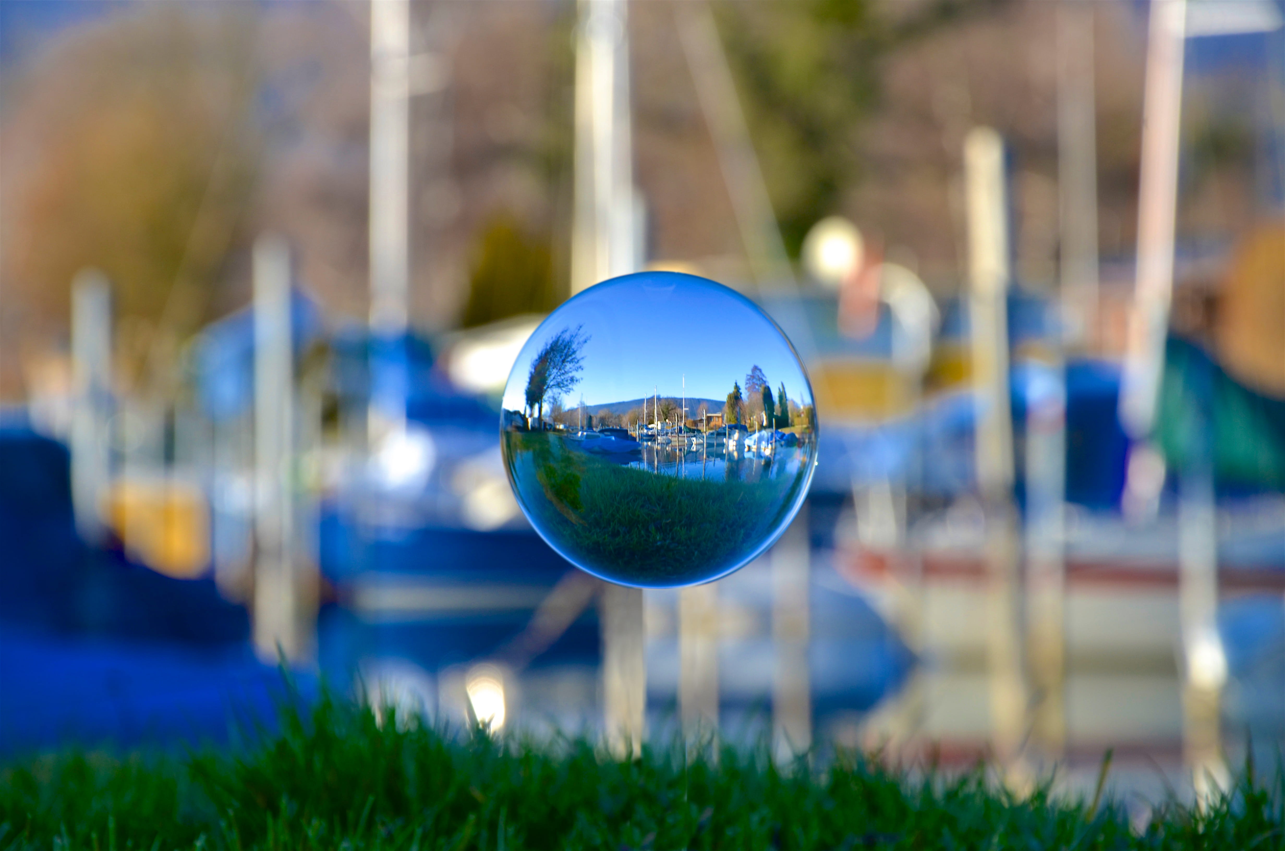 crystal, selective focus, no people, grass, blur, day, transparent, photography, crystal ball, depth of field, focus on foreground, tree, glass, plant, HD Wallpaper