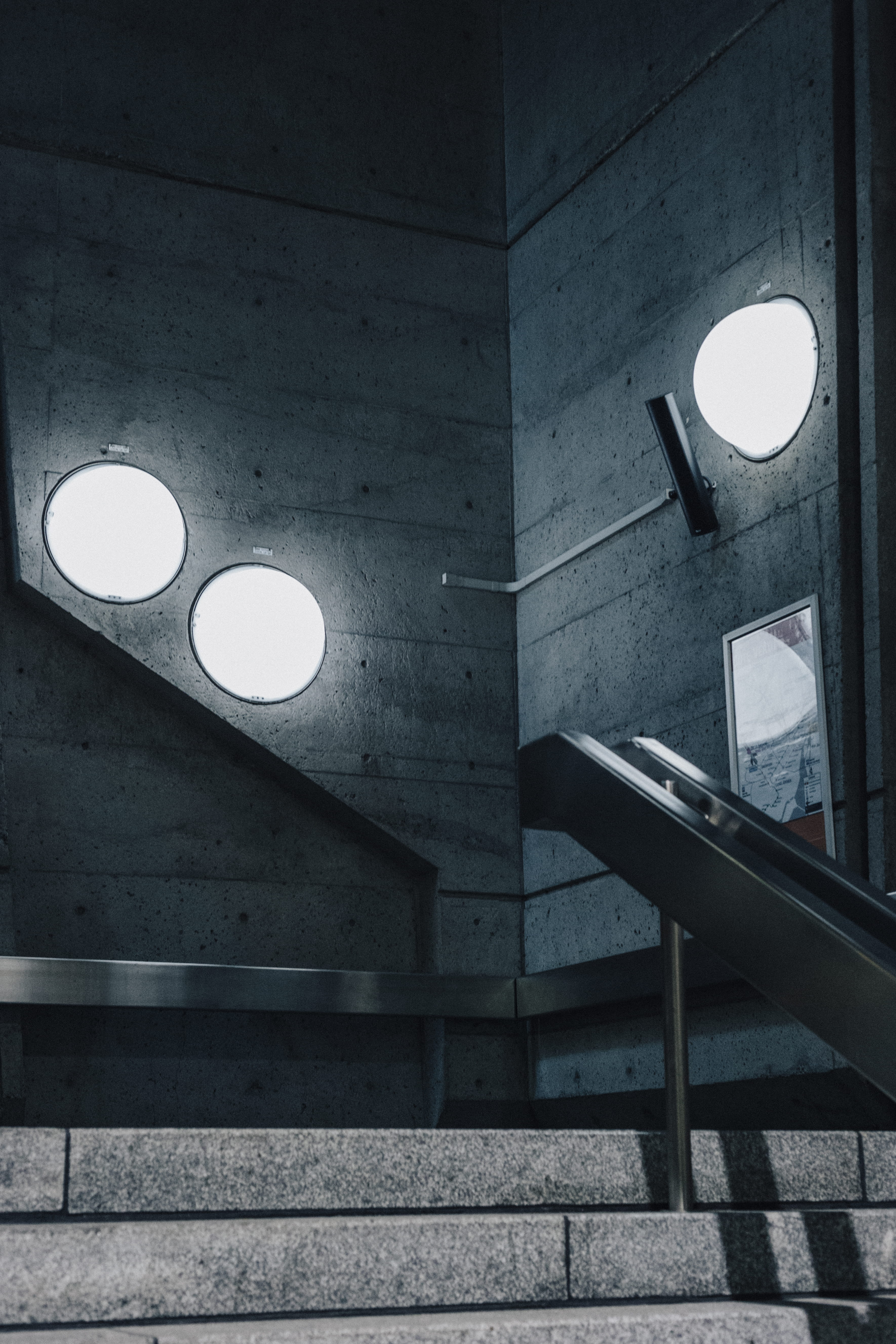 city, electric light, built structure, urban, wall - building feature, no people, metro, stairs, handrail, electric lamp, hole, photo, 5K, staircase, banister, Phone HD Wallpaper