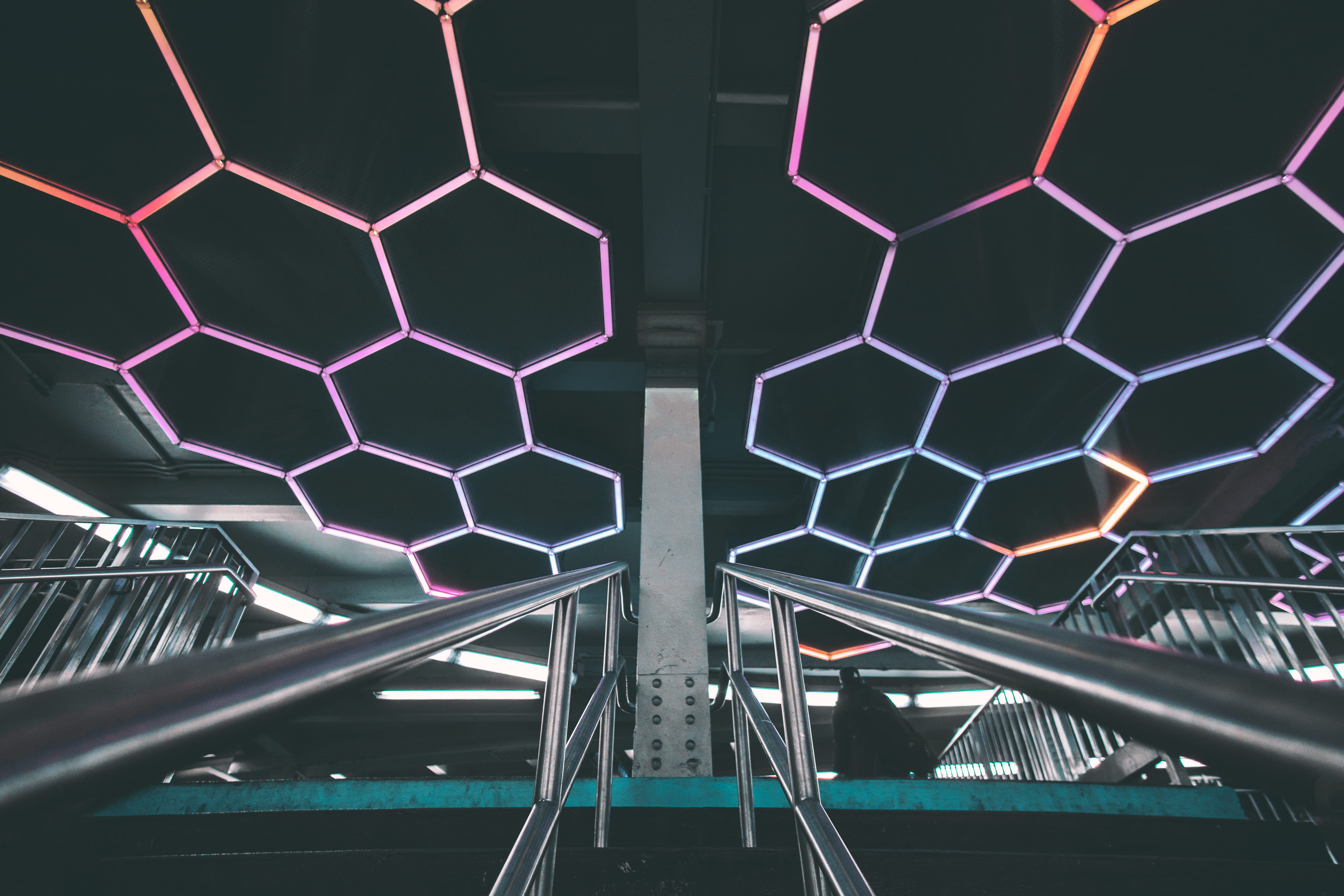 railing, artsy, neon, 5K, gray, design, railings, stainless steel, architecture, perspective, no people, nature, subway station, hand, hexagon, urban, HD Wallpaper