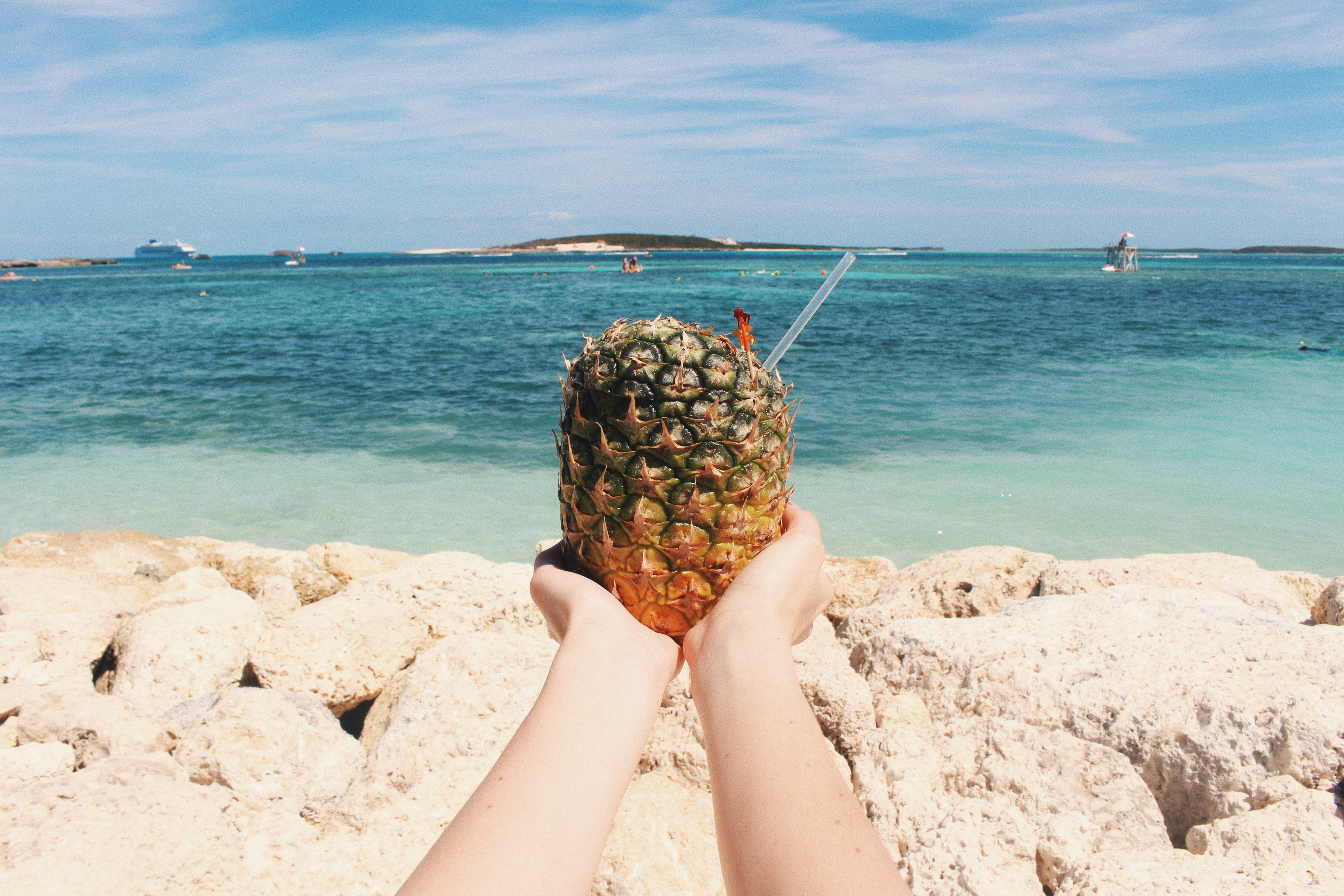 seashore, body part, women, sea, personal perspective, arm, pineapple, human body part, real people, human limb, nature, human Hand, relaxation, travel, HD Wallpaper